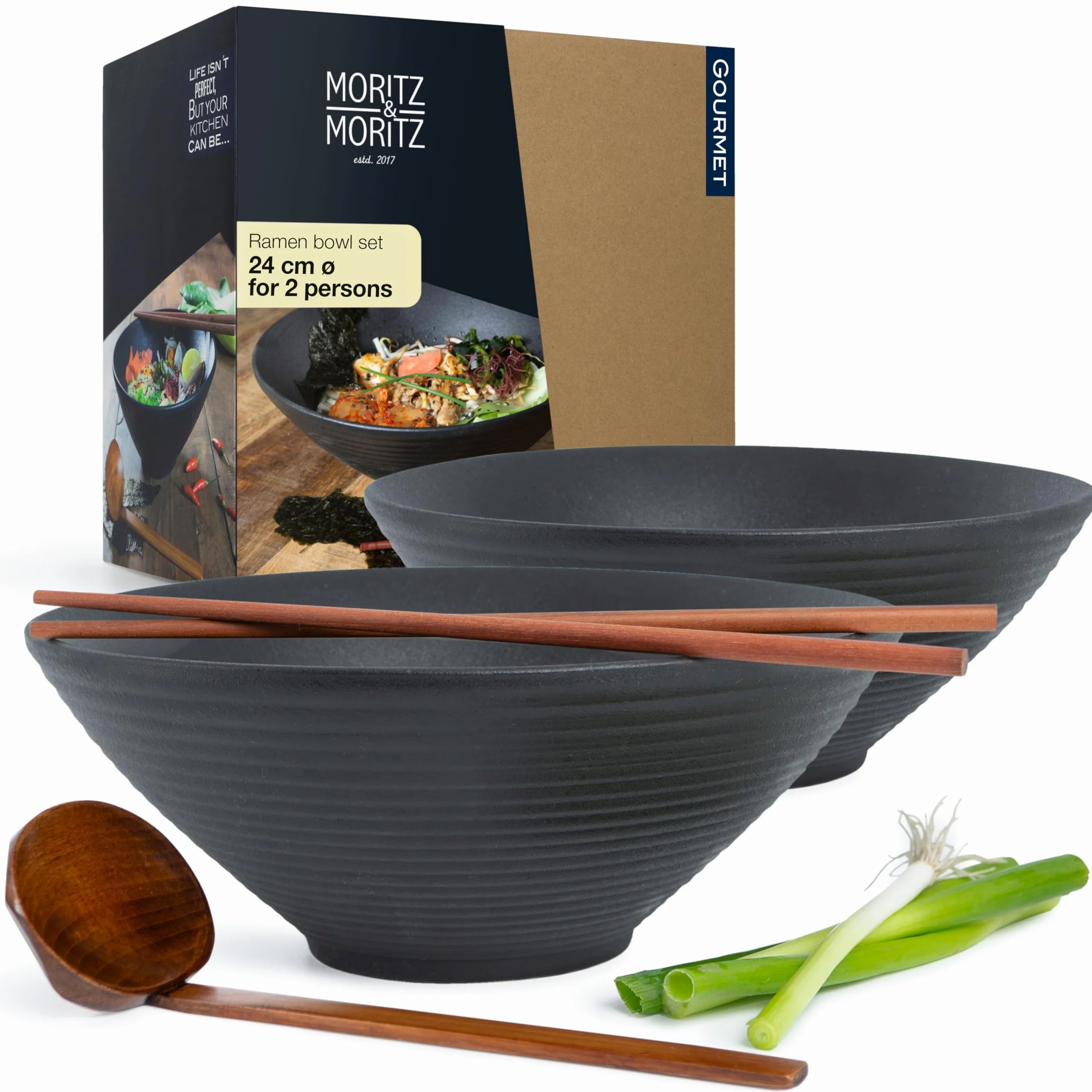 Moritz & Moritz 2 x Ceramiczna Miska Ramen - 800-1300 ml - 24 cm Ø - Czarny Zestaw dla 2 Osób - Do Zupy, Pho i Sushi Bowl - Z Pałeczkami i Łyżeczką