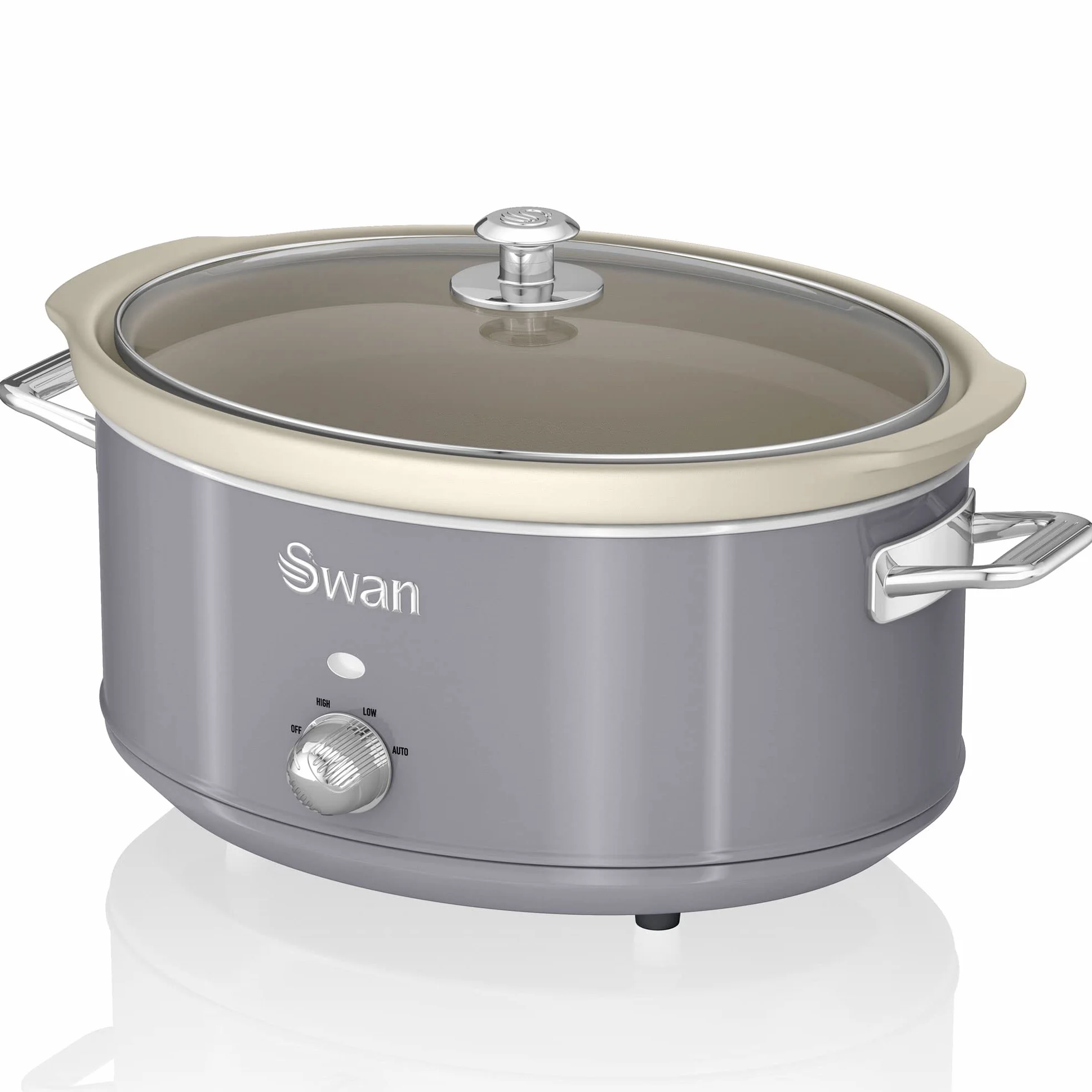 Swan Retro SF17031GRNEU wolnowar, 6,5 litra wyjmowany pojemnik kuchenny, powolny kucharz, nieprzywierająca ceramika bez PFOA i PTFE, 3 poziomy temperatury, design vintage, szary, 320 W