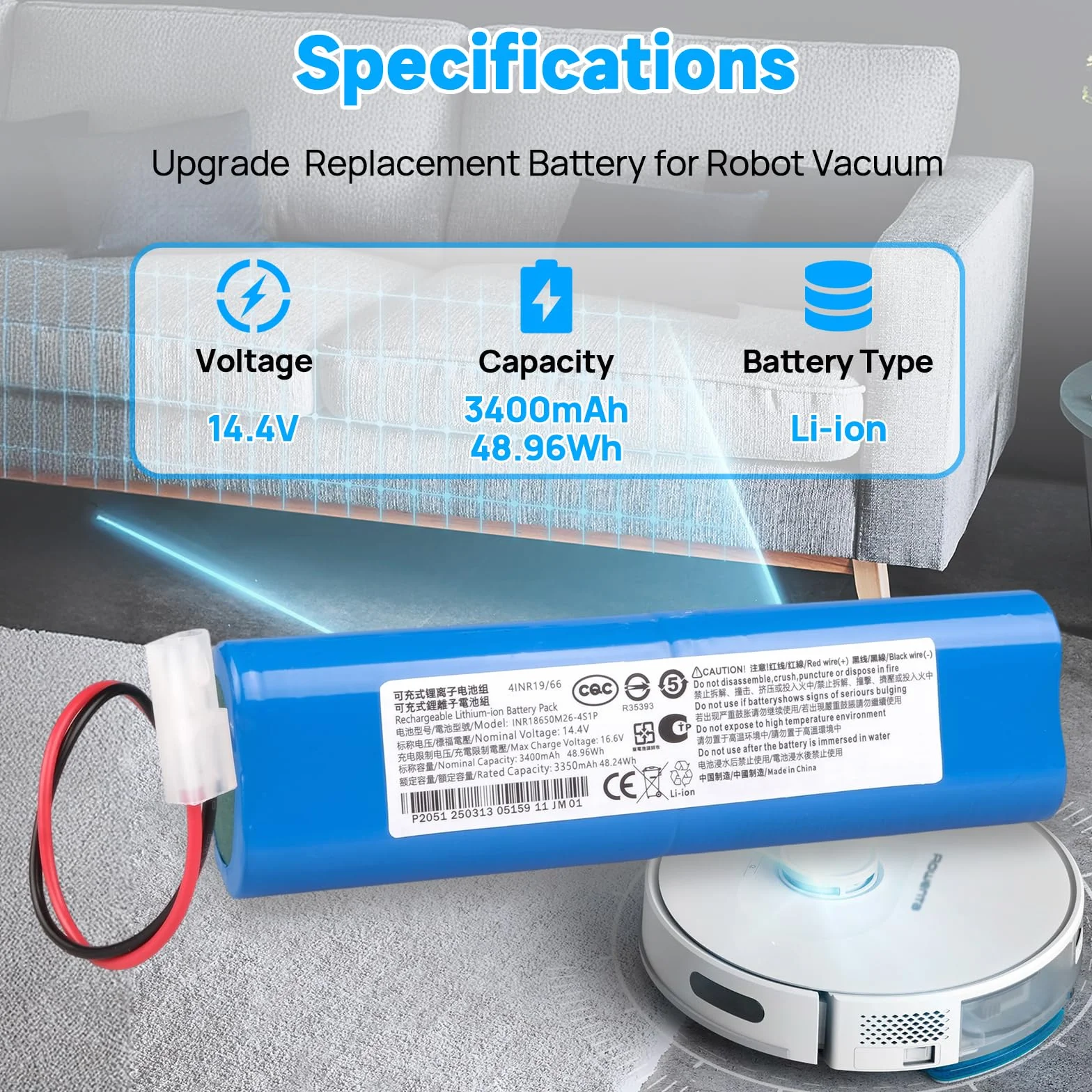 Akumulator 14,4 V 3400 mAh kompatybilny z 360 S6, S8, Rowenta X-Plorer 75, 75S, 75S+, 75 Animal, seria 95, RR7635, RR7675, RR8597, RR8587, RR8587, RR8587, RR8587 RRRR85777WH SS-2230002528 SS