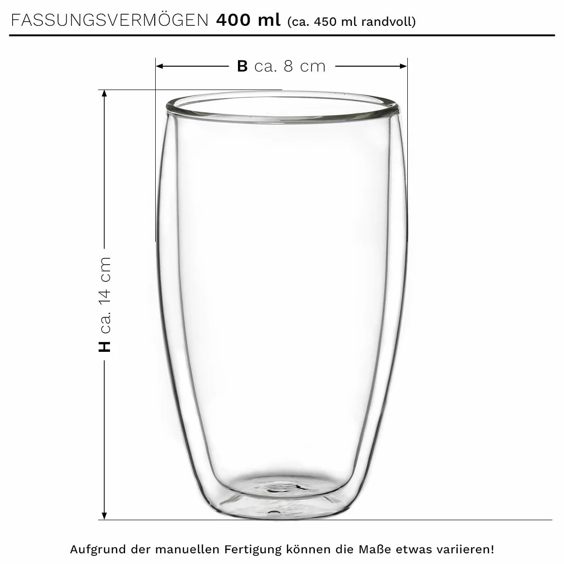 Creano Szklanki termiczne z podwójnymi ściankami, 400 ml, zestaw 8 sztuk, duże szklanki z podwójnymi ściankami, ze szkła borokrzemowego, szklanki do kawy, szklanki do herbaty, latte macchiato