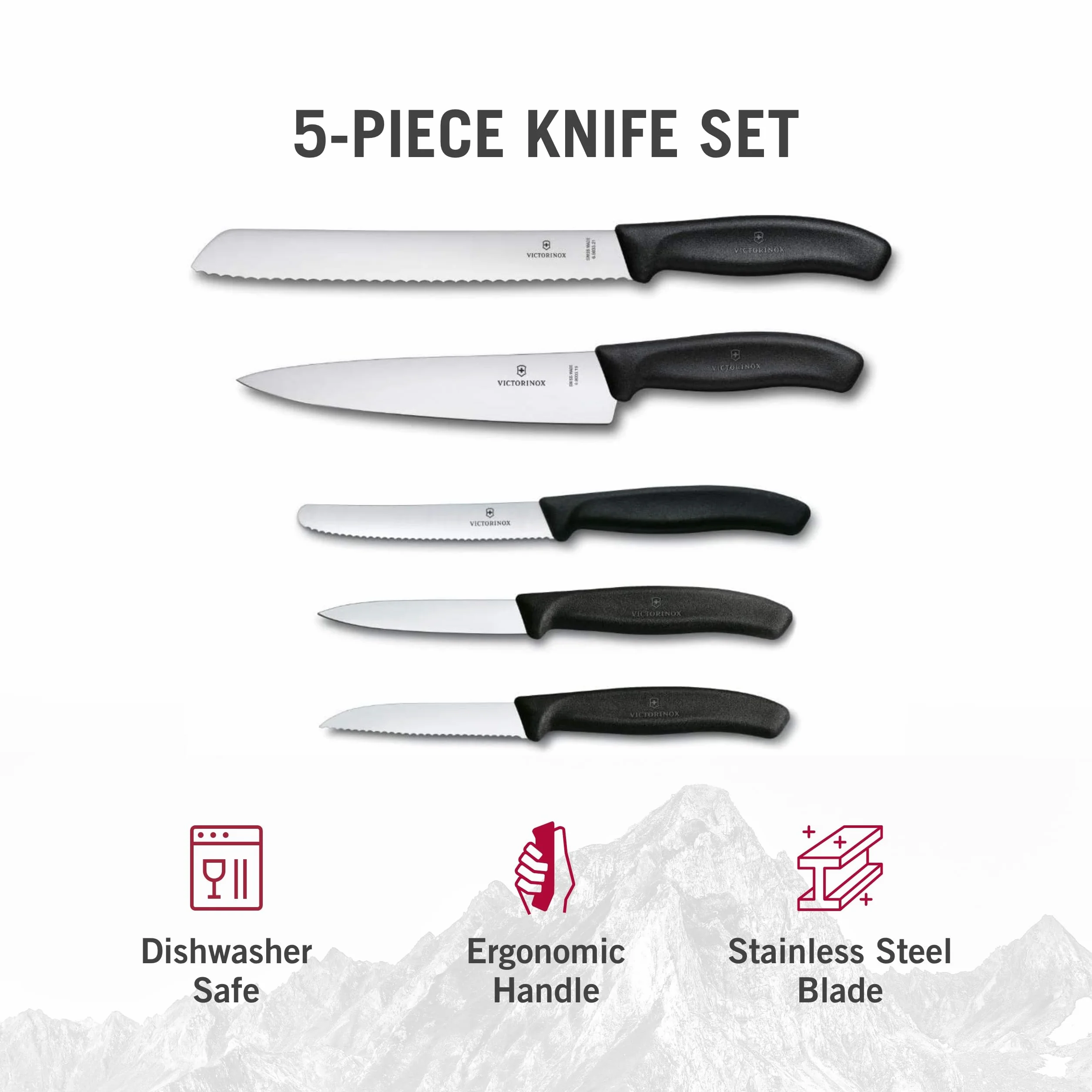 Victorinox Swiss Classic Küchengarnitur mit ergonomischem Griff und rostfreier Stahlklinge, 5-teilig