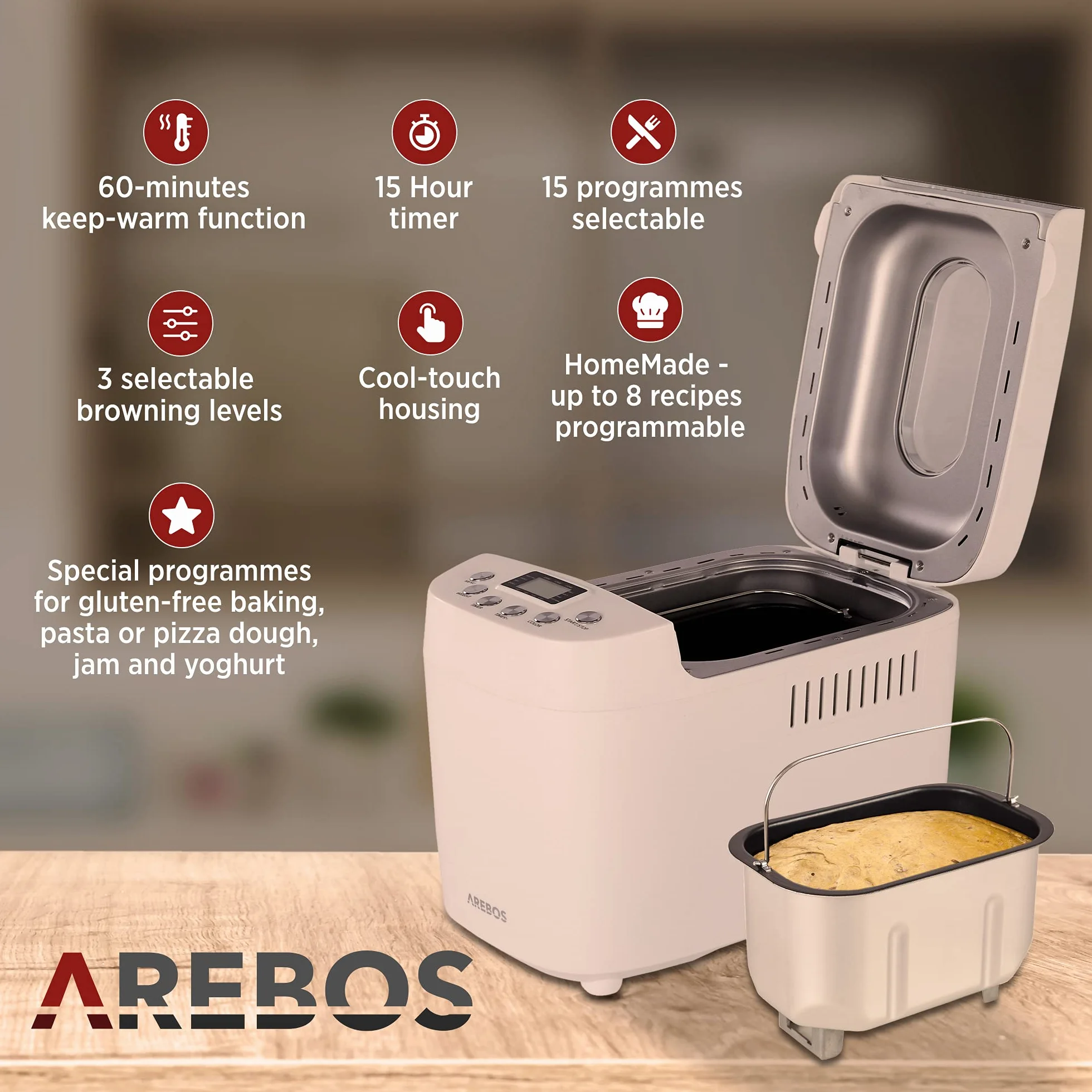 Arebos Wypiekacz do chleba 1500g 850W 15 programów LCD Biały