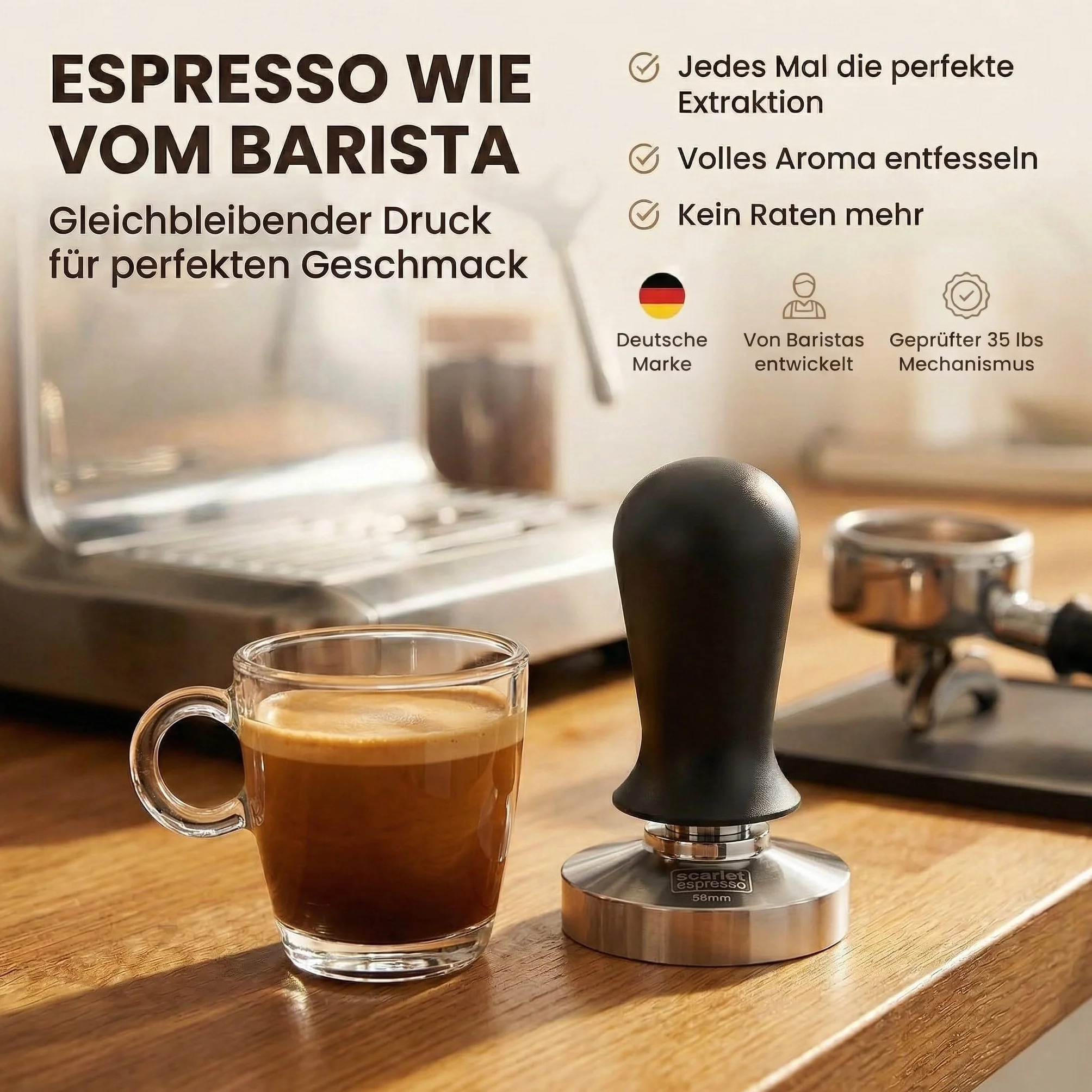 scarlet espresso | Tamper „Perfetto” dla baristy; skalibrowany na 15,88 kg (35 lbs) siłę nacisku; z uchwytem z aluminium lub szlachetnego drewna i precyzyjną podstawą ze stali nierdzewnej (57 mm)