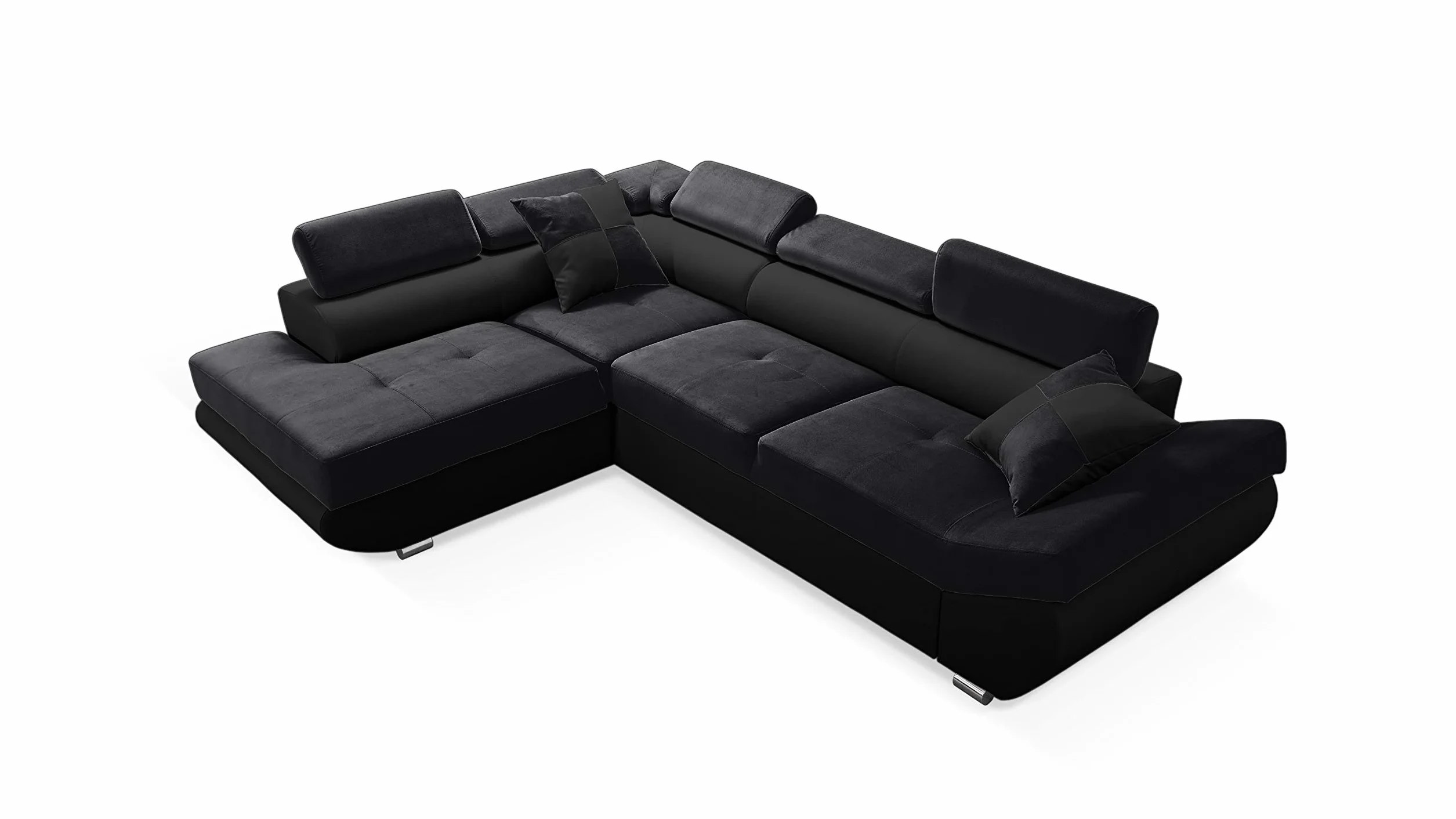 Robin Inspire Inspire Sofa narożna z funkcją spania i skrzynią na pościel, 280 cm, 4-osobowa sofa w kształcie litery L, sofa narożna z 5 regulowanymi zagłówkami i 2 poduszkami do salonu, kolor czarny