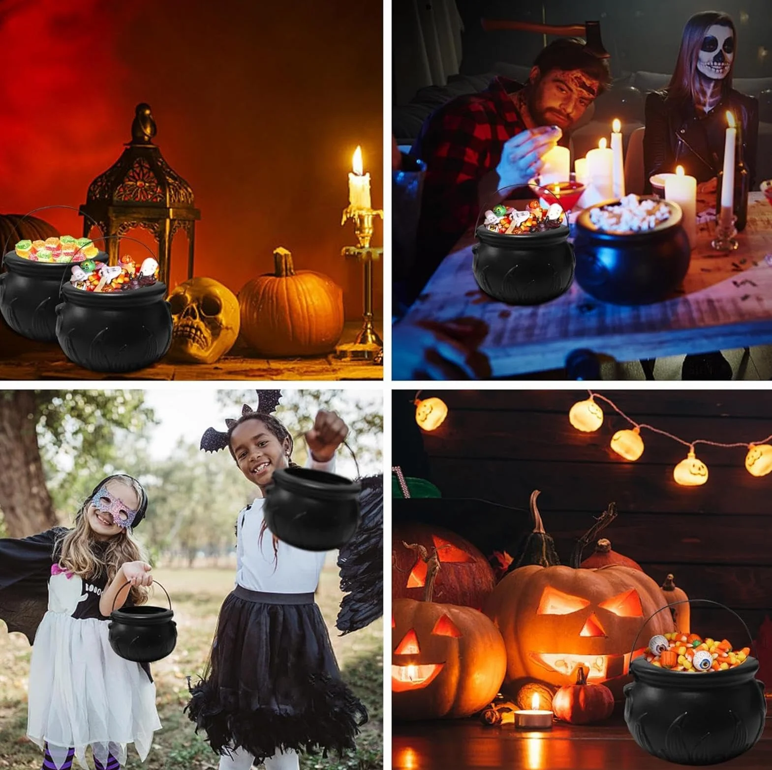 Zestaw 3 misek do serwowania czarownic, Halloween, czarny czajnik, wiaderko na słodycze, kociołek czarownicy na stelażu, zestaw kociołków na słodycze, na słodycze lub psikusy, dekoracja Halloween