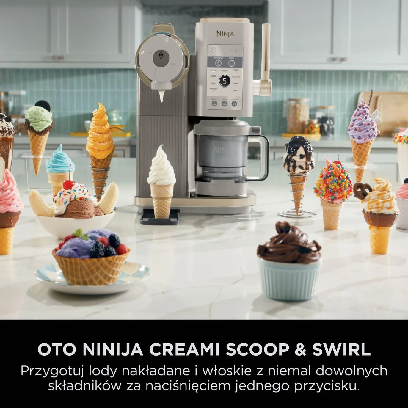 Ninja NC701EUSTGD Maszyna do lodów CREAMi Scoop and Swirl 13 funkcji, 2 pojemniki, kamienne złoto