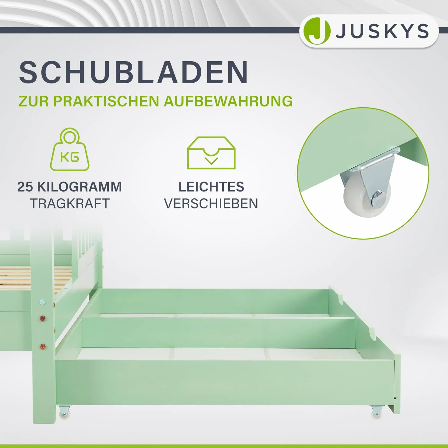 Juskys® Łóżko dziecięce Marli 80 x 160 cm ze skrzynią na pościel, 2-częściowe, ochrona przed wypadnięciem, stelażem i dachem – łóżko domowe z litego drewna dla dzieci – łóżko w kolorze miętowym