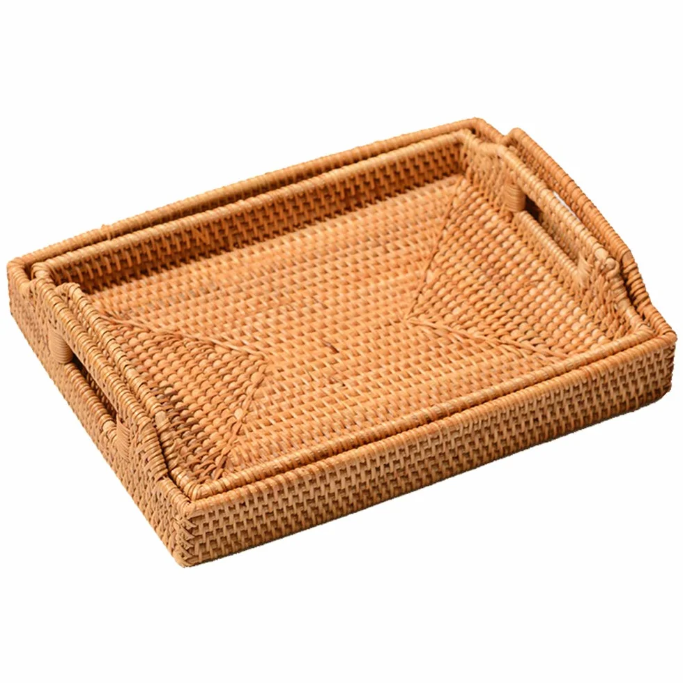 I-lan rattanowy prostokątny kosz do serwowania z uchwytem, 38 x 26 x 5 cm, tkany dekoracyjny kosz jutowy na stół, otomanę, toaletkę, blat kuchenny, naturalny brąz, rozmiar S + L