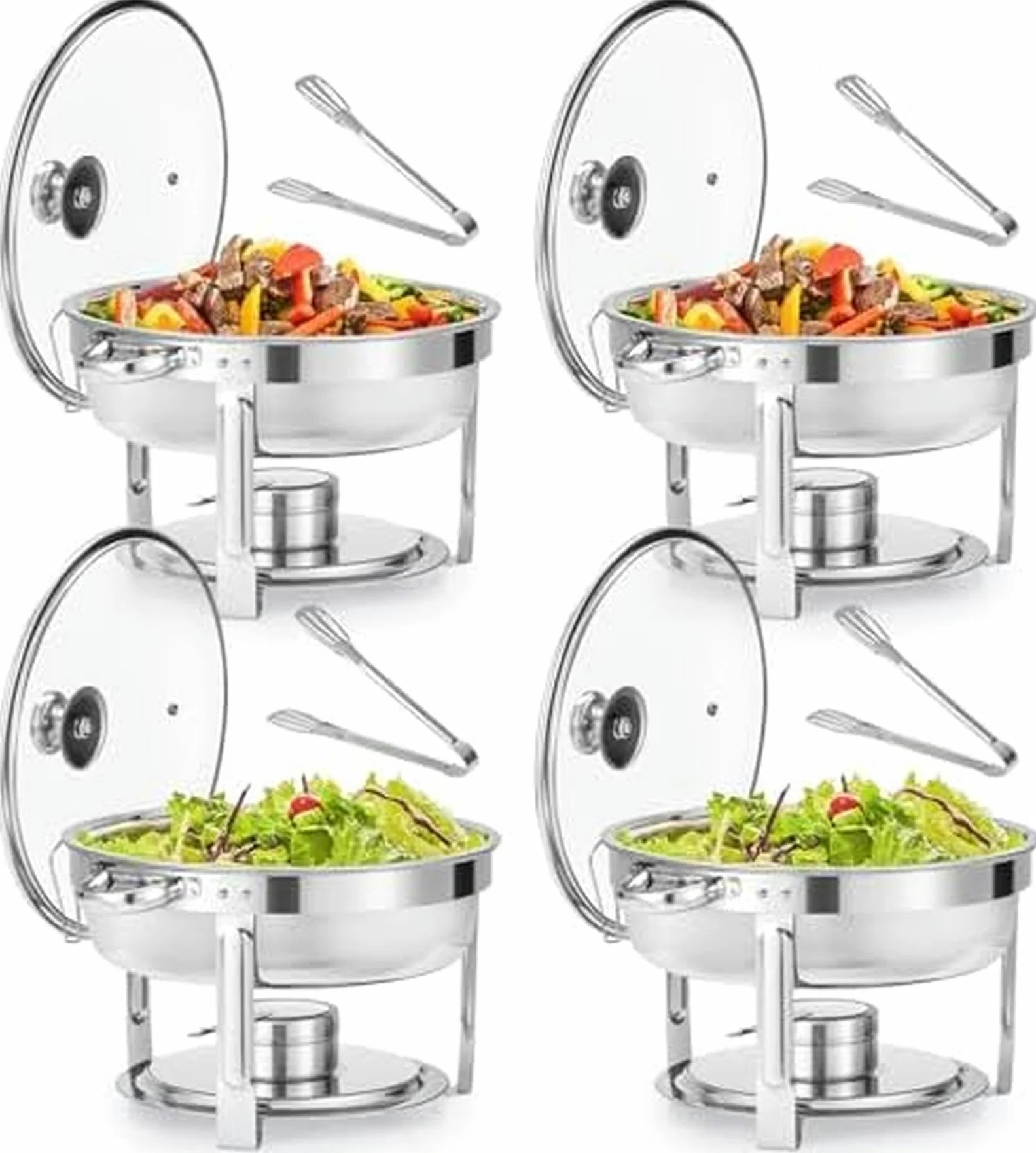Zestaw 4 Okrągłych Naczyń Do Podgrzewania Potraw Ze Stali Nierdzewnej Z Pokrywkami, Pojemnikami Na Żywność I Pojemnikami Na Paliwo, 5-Litrowe Tace Bufetowe Do Cateringu Restauracyjnego I Imprez. 5,5