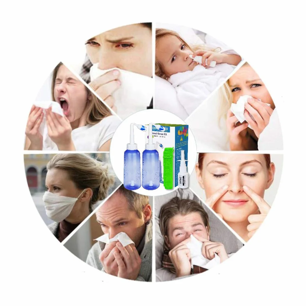 Neti Pot-2 botellas+4 boquillas+spray nasal (solo botella) -300 ml Neti Pot Sinus Rinse Kit de enjuague para senos nasales -Limpiador de nariz y riego sinusal -Pulverizador nasal bloqueado de nariz