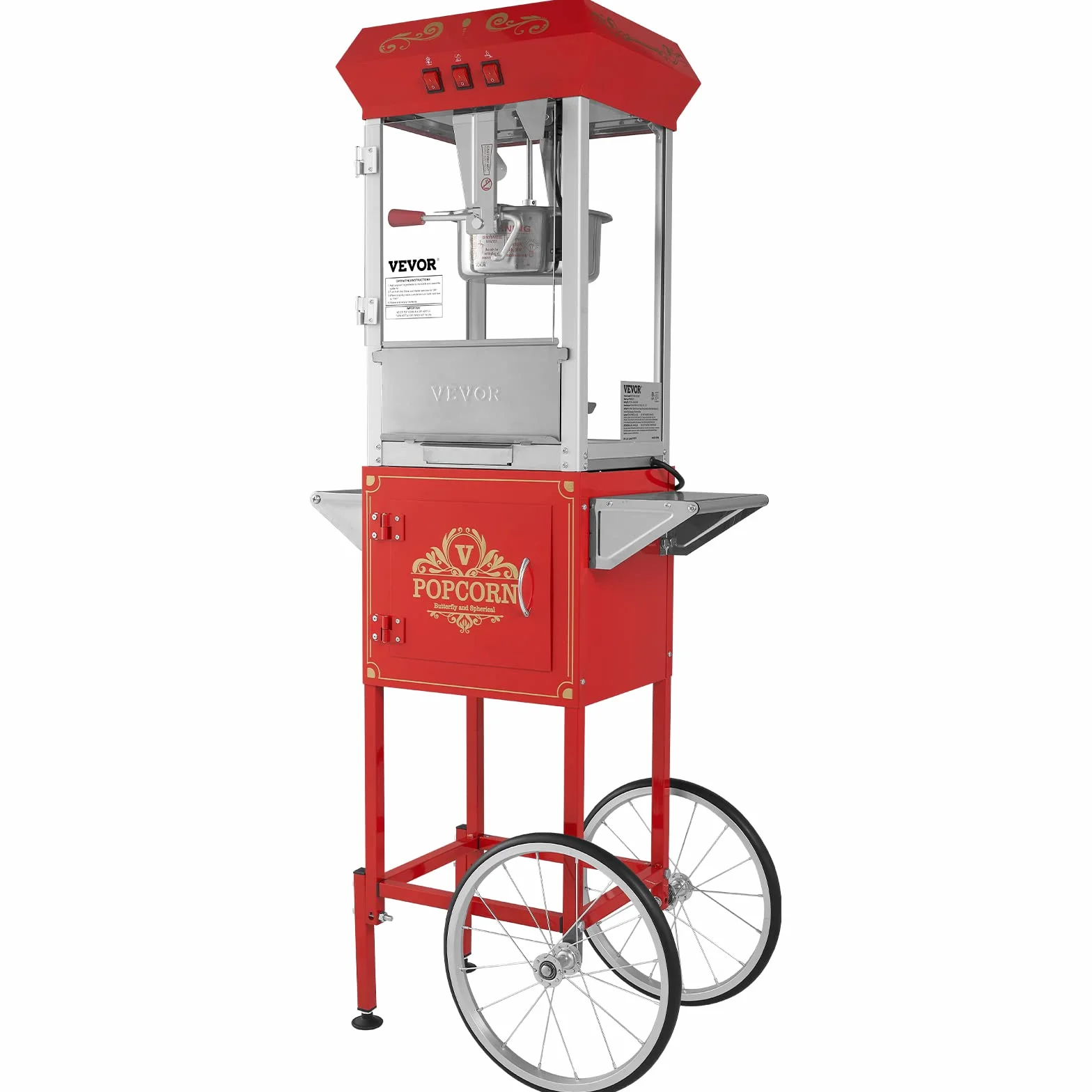 VEVOR Maszyna do popcornu z wózkiem 850 W, czajnik elektryczny do popcornu 0,22 kg na 48 filiżanek partii, maszyna do popcornu ze szkłem hartowanym, zawiera 4 miarki, styl kinowy