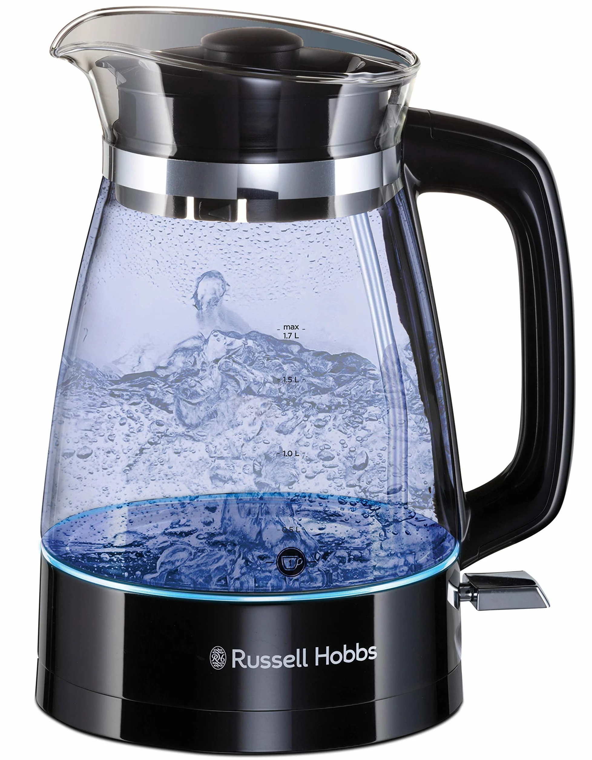 Russell Hobbs czajnik elektryczny, energooszczędny, wymienny filtr antywapienny, markery szybkiego gotowania, zdejmowana pokrywa, pojemność 1,7l, moc 2400W, szkło, czarny, Classic 26080-70