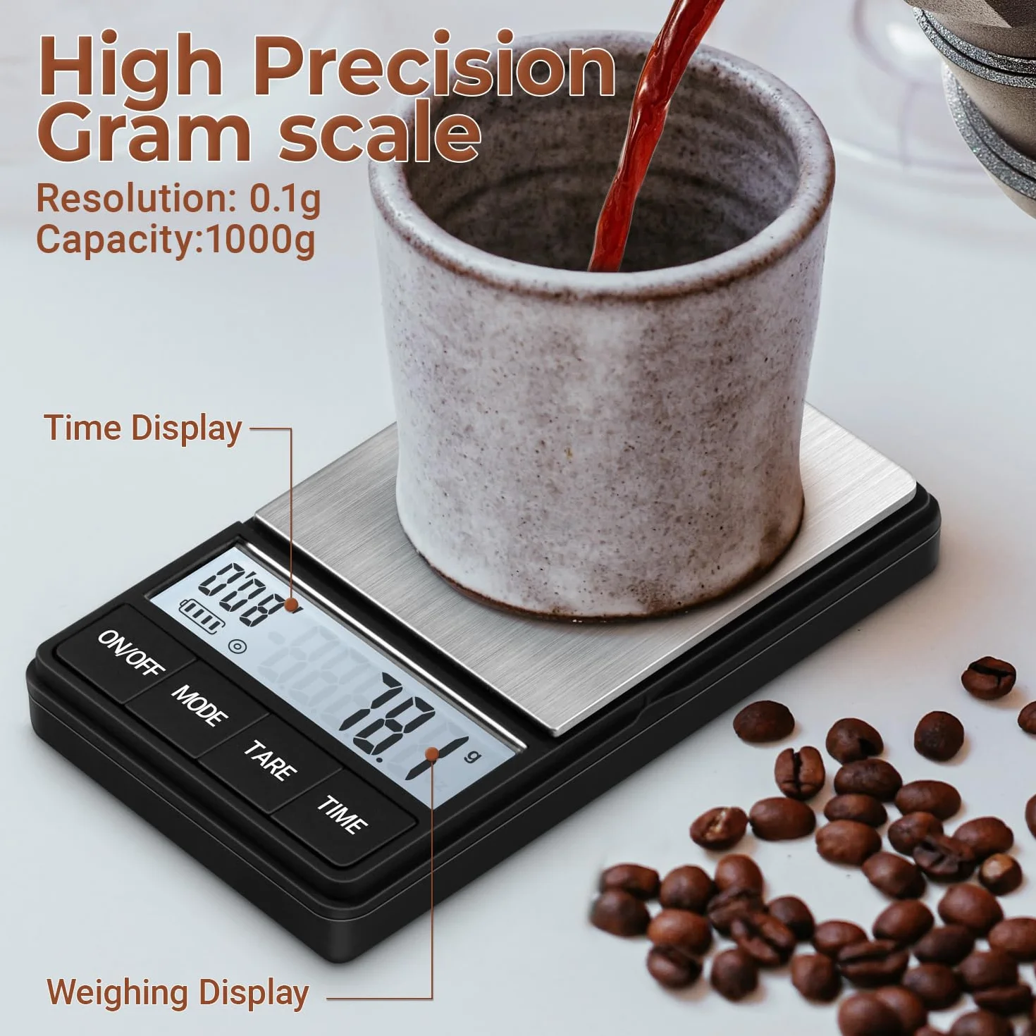 UNIWEIGH Waga do kawy 1000 g/0,1 g, z timerem, cyfrowa waga kuchenna, Barista z wyświetlaczem LCD (w zestawie baterie)