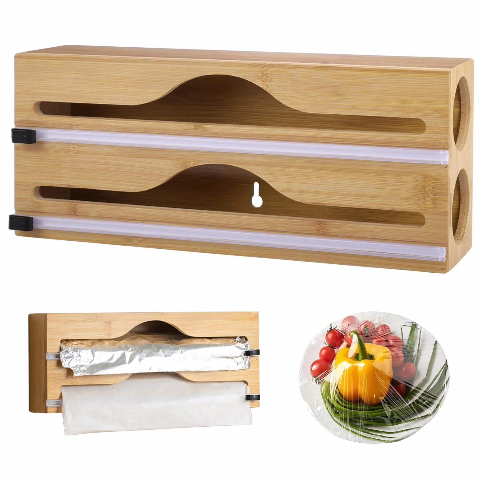 Dozownik folii spożywczej 2 w 1, przecinak do folii, dozownik folii z drewna, dozownik folii z nożem do szuflad, organizer do folii kuchennych, 33 x 14 x 7 cm