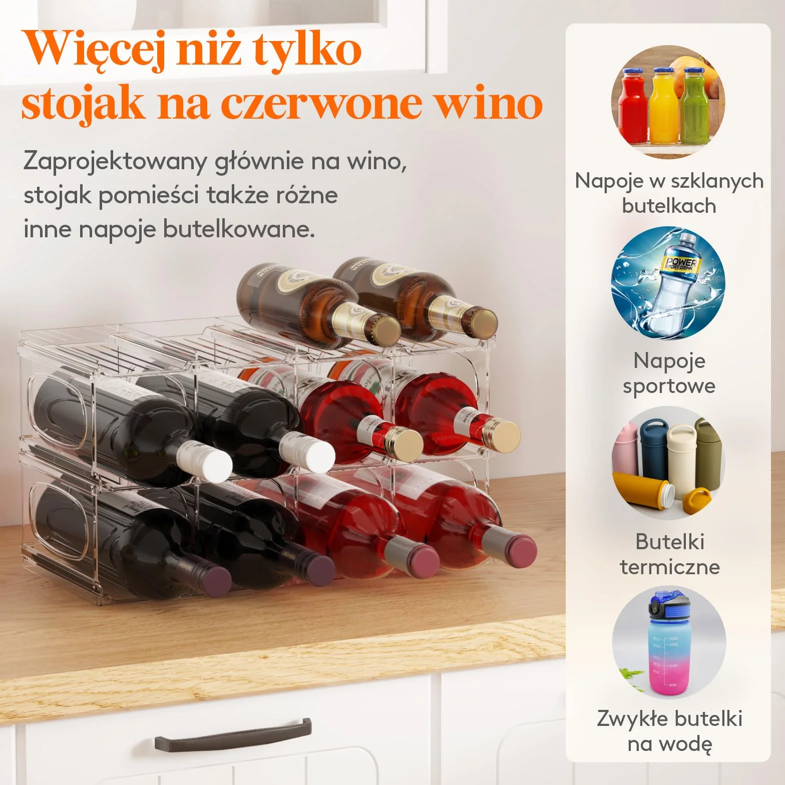 Lifewit Plastikowy stojak na wino do lodówki, szafki, blatu, uchwyt na butelkę wina, organizer na butelki wody, do lodówki, spiżarni, przezroczysty, pomieści 12 butelek