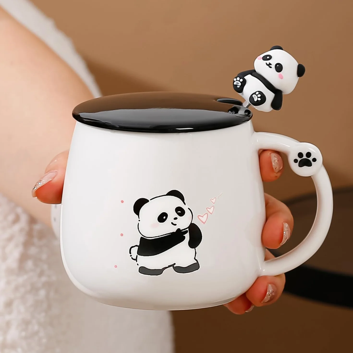 Panda Filiżanki Prezent Filiżanka Dziecięca - Ceramiczna filiżanka z pokrywką, łyżeczka ze stali nierdzewnej, filiżanka do kawy, filiżanka do herbaty, zabawny prezent dla kobiet, słodkich filiżanek