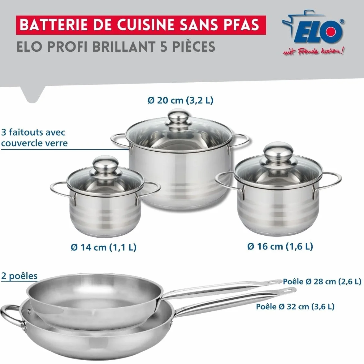 ELO 9883550 Naczynia kuchenne 5 sztuk, zestaw 2 patelni 28 i 32 cm i 3 garnków 14, 16 i 20 cm Elo Profi Brilliant, stal nierdzewna, indukcyjna