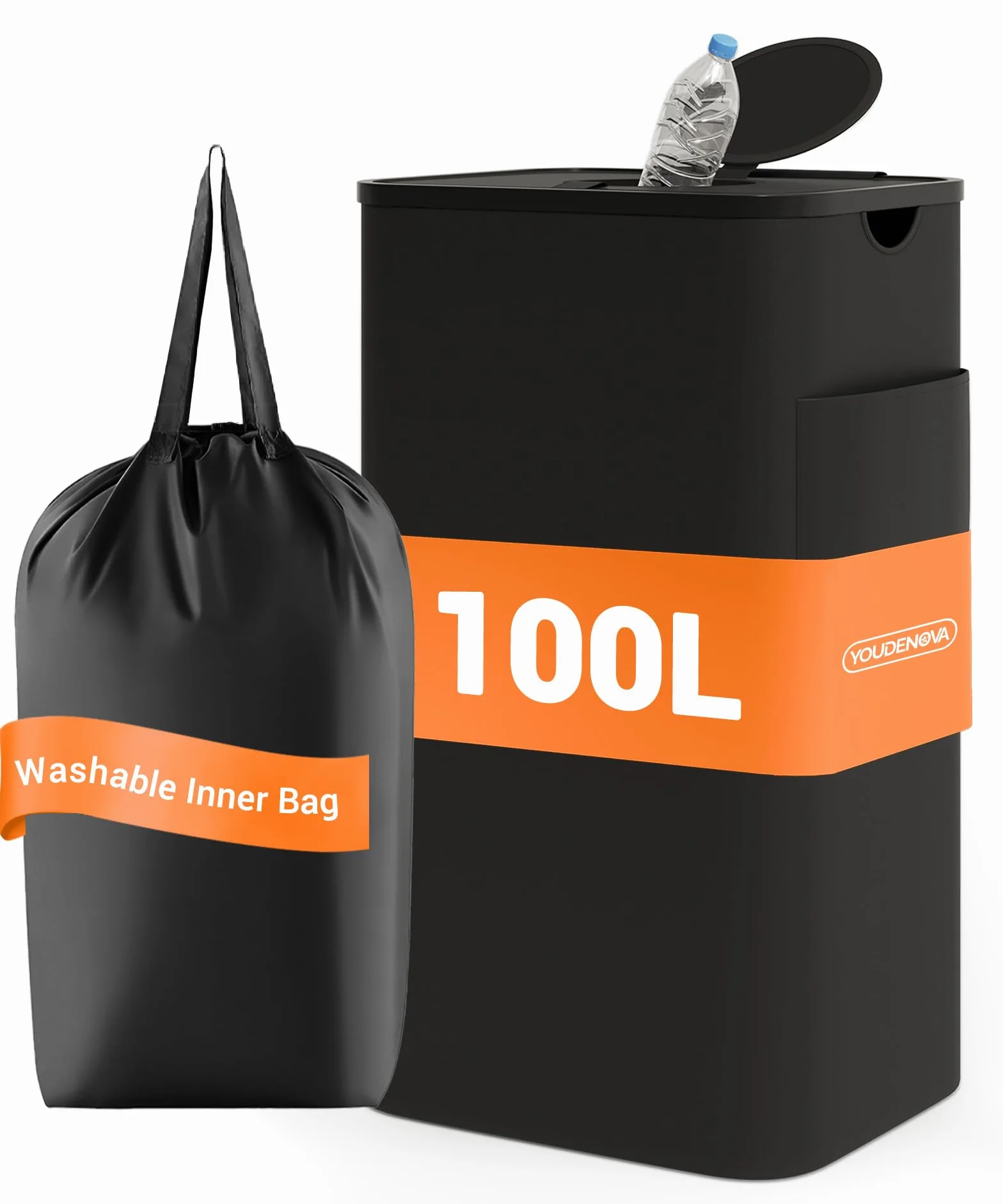YOUDENOVA 100L Pojemnik na butelki zwrotne z pokrywą i uszczelnieniem zapachowym, kosz kuchenny, zbiornik na puste butelki i szkło, pojemnik na recykling, stojak na worki na śmieci, czarny