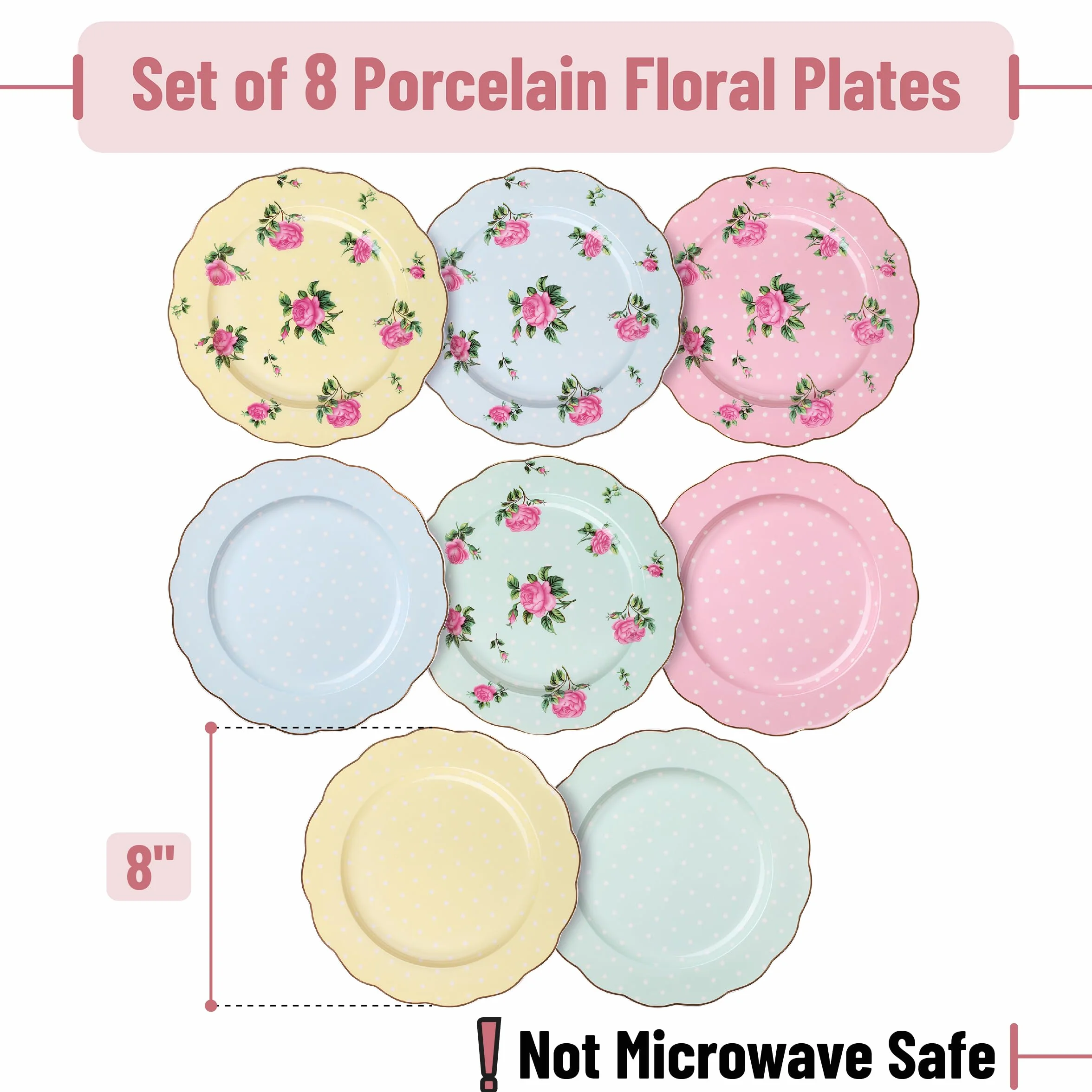 BTaT- Porcelanowe talerze kwiatowe, królewskie talerze deserowe, 20 cm, zestaw 8 sztuk, talerze na przekąski, talerze z kwiatami, talerze do sałatek, małe talerze, zestaw małych talerzy, małe naczynia, zastawa obiadowa, talerze do sałatek