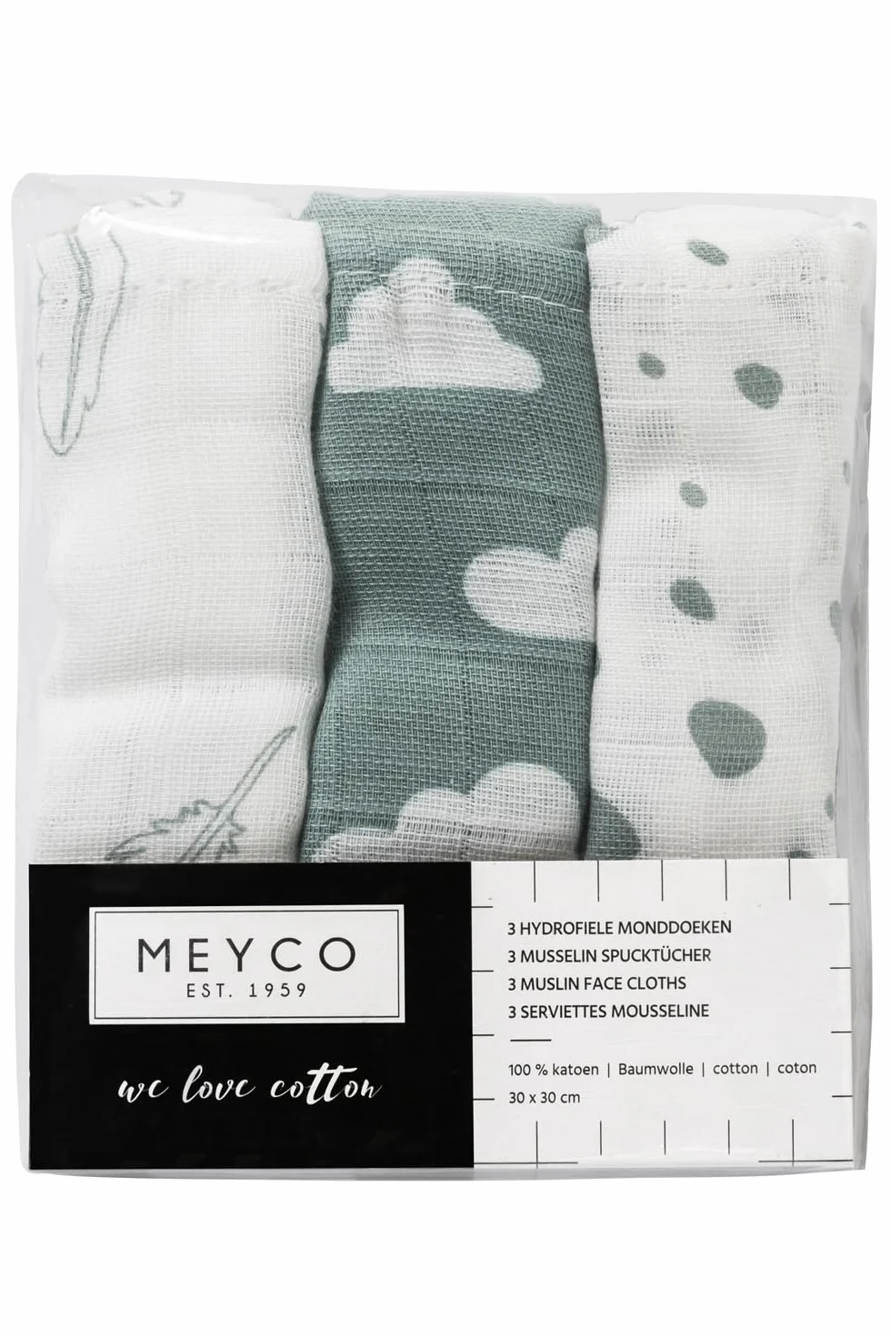 Meyco Hydrophilic Burp Cloths - Feather-Cloud-Dots - Zestaw 3-30x30cm - Stone Green/White
