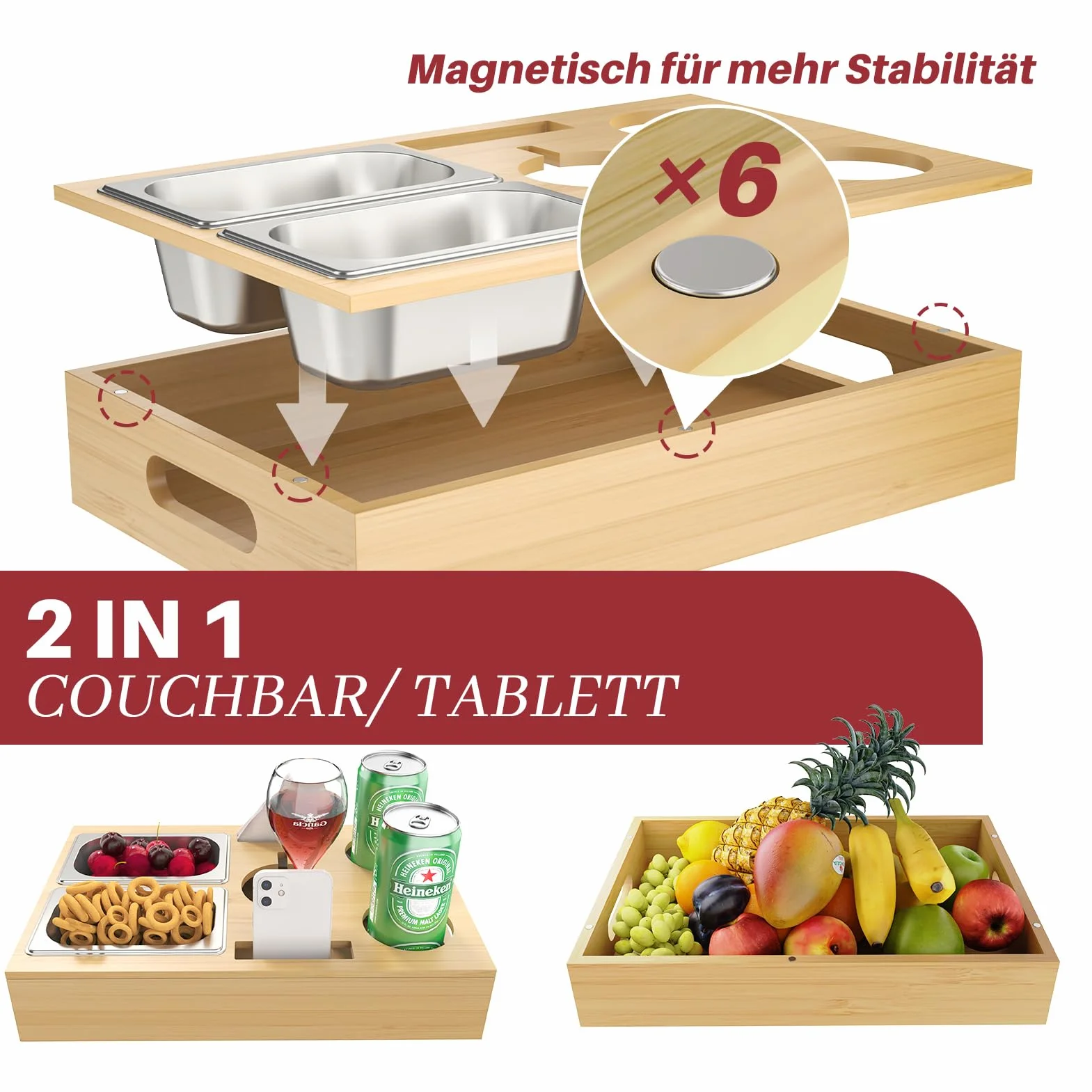 WELDUN 2 w 1 stolik kawowy, bambusowy pojemnik na przekąski z 2 miseczkami na przekąski ze stali nierdzewnej, uchwyt na napoje, uchwyt na butelki, taca do serwowania, do salonu, na sofę, imprezę