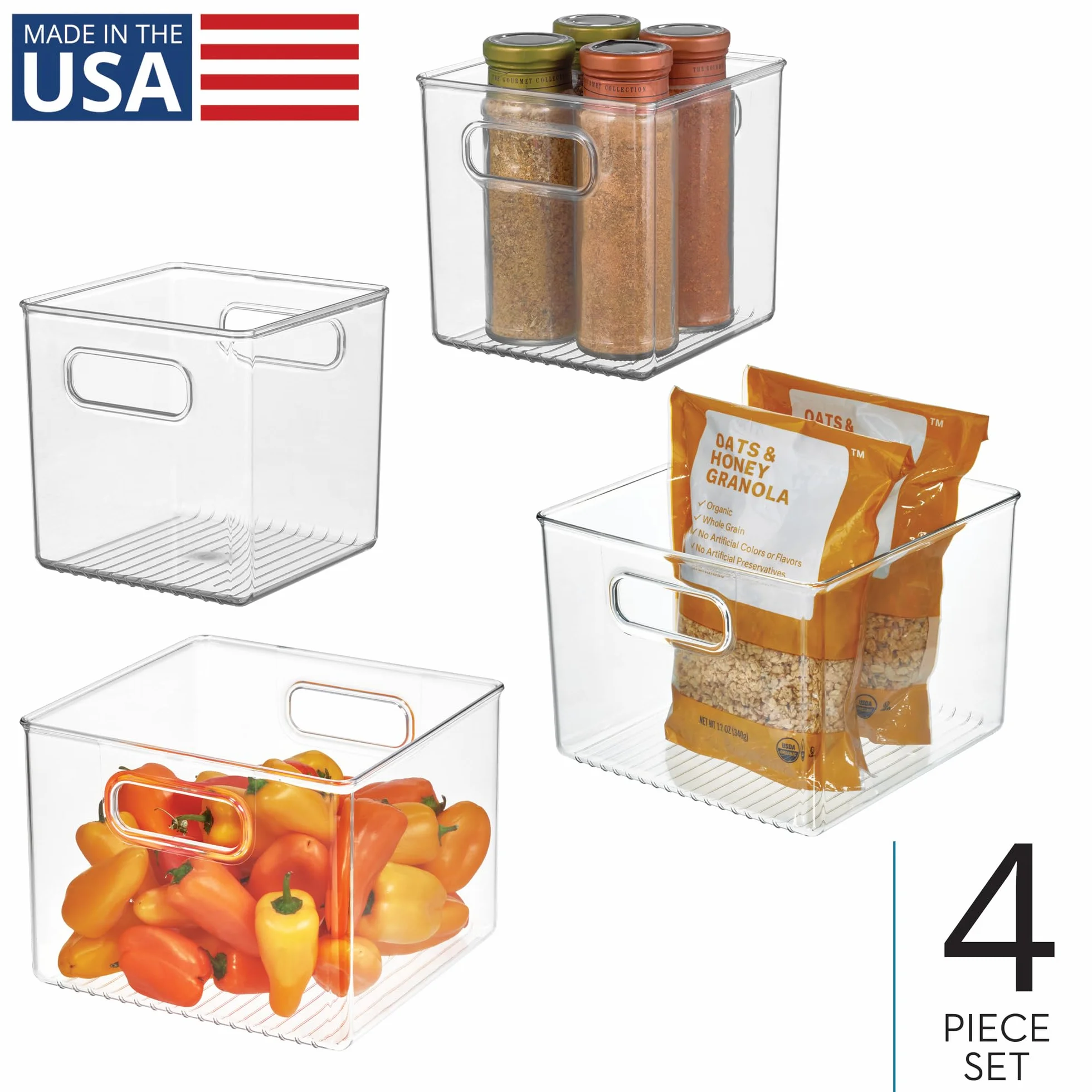 iDesign 4-częściowy zestaw organizerów do lodówek z tworzywa sztucznego pochodzącego z recyklingu, wyprodukowano w USA, wszechstronny design, idealny do zamrażarki, lodówki, spiżarni i szafek – zestaw