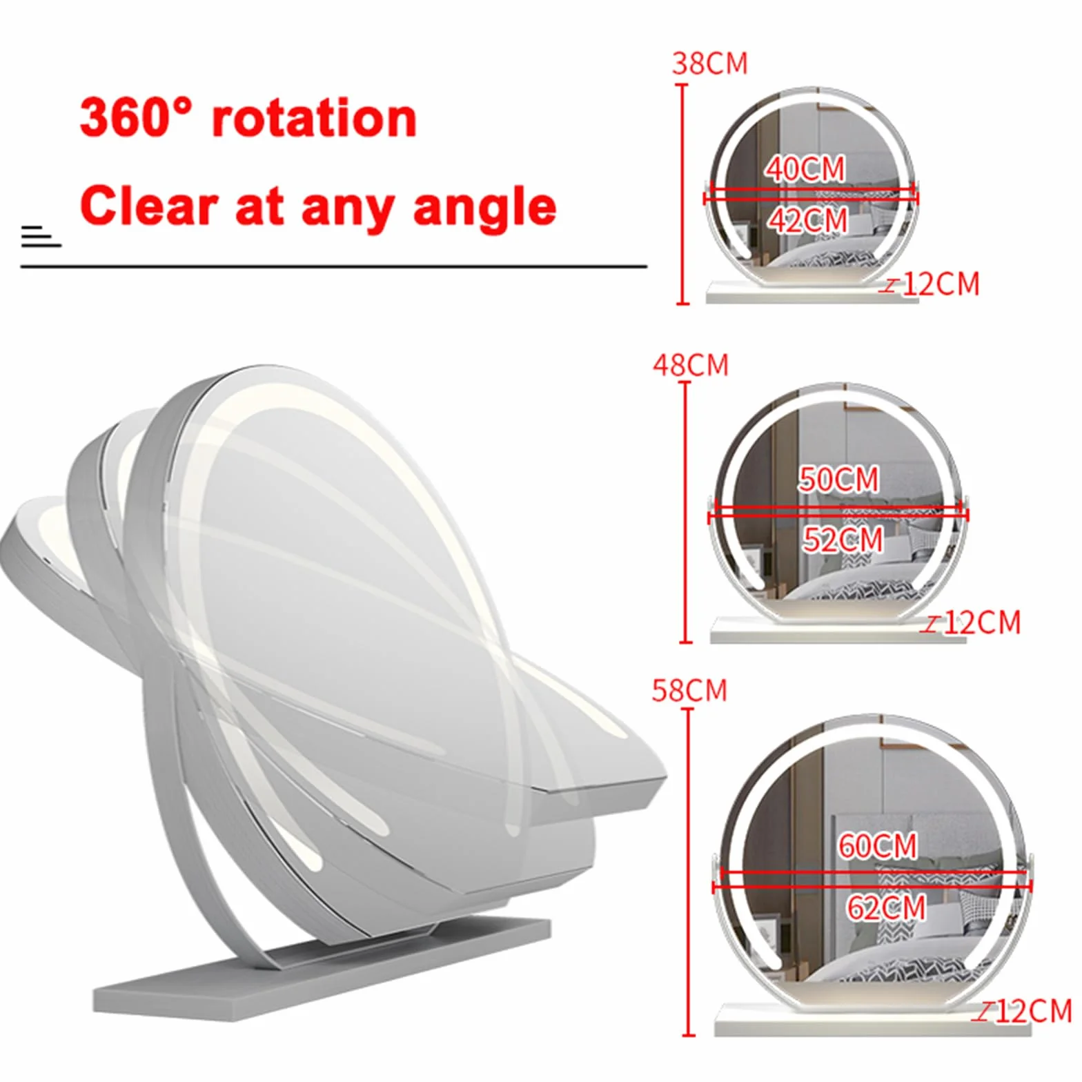 Led Vanity Mirror, Podświetlane Lustro, Blat Stołu Do Makijażu, Okrągłe 360 ° Obrót Lusterko Do Makijażu Ekran Dotykowy Lusterko Kosmetyczne Ze ściemnianiem (φ600mm, Biały)(Size:60cm,Color:Złoty)
