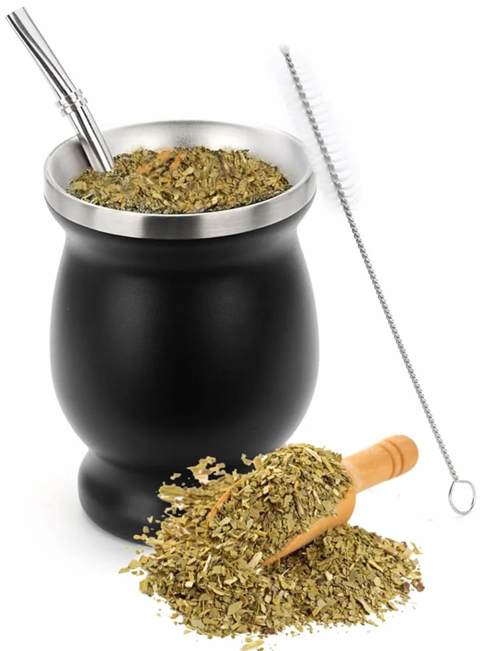 Mate zestaw kubków do herbaty, ze szczotką do czyszczenia i słomką Mate, czarny