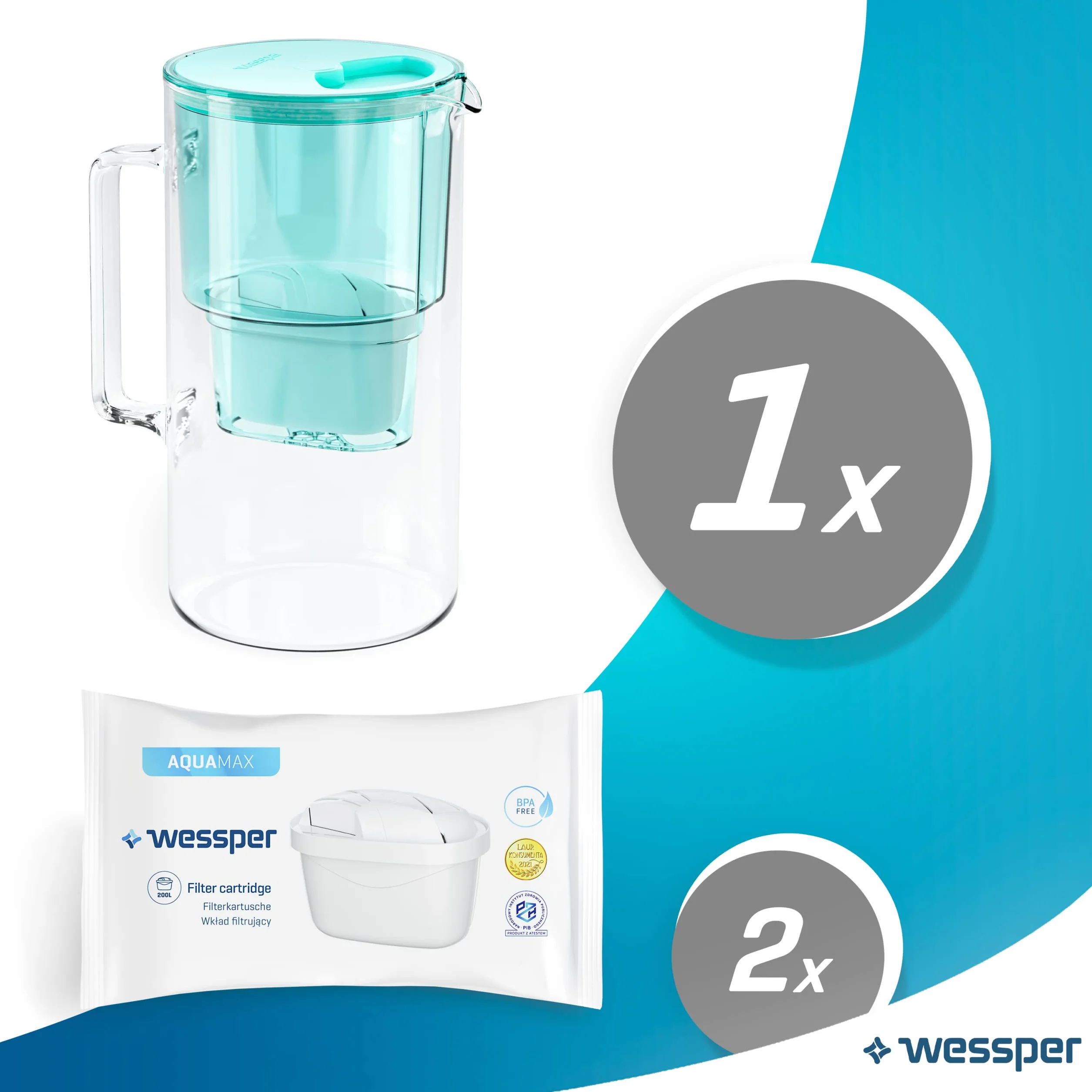 Wessper Aquamax Crystalline Dzbanek z Filtrem, Miętowy, 2.5 l