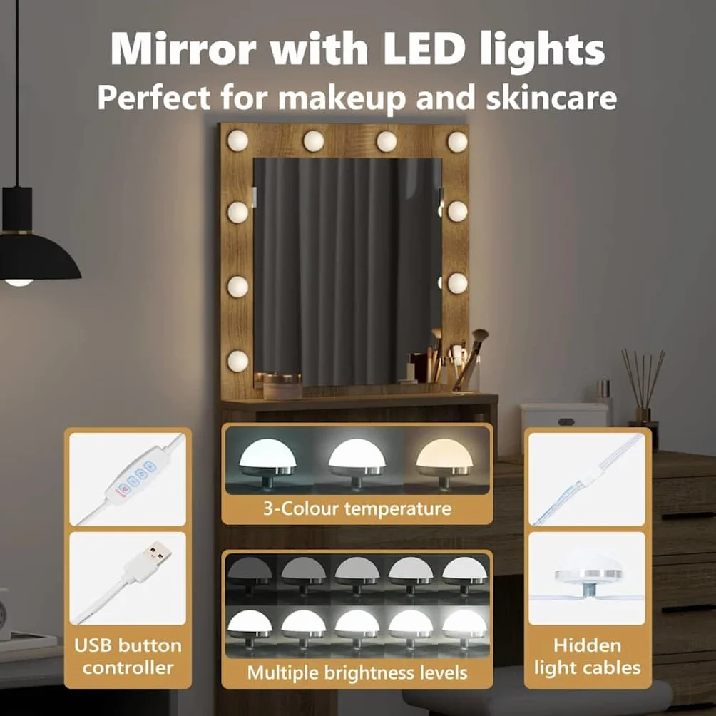 vidaXL Toaletka z lampkami LED w Sonoma Oak, 50x41x135 cm