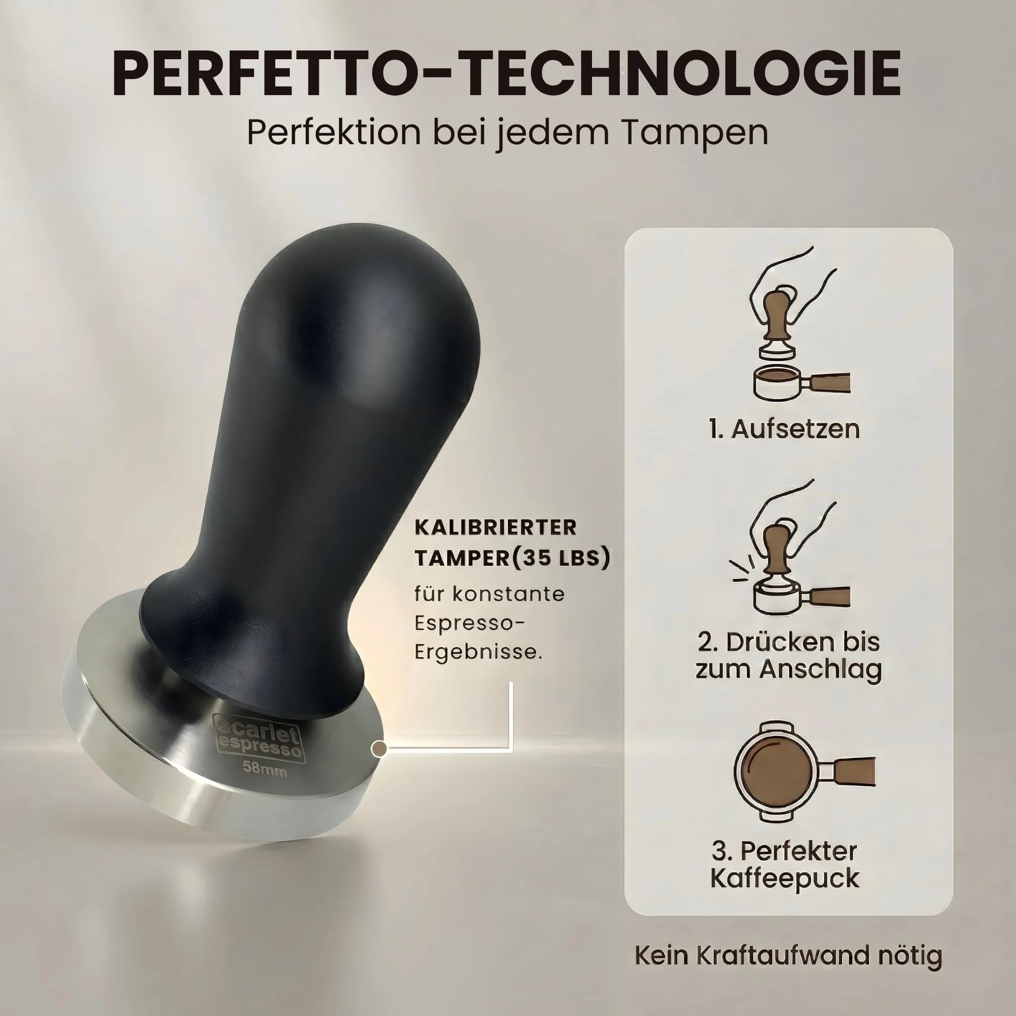 scarlet espresso | Tamper „Perfetto” dla baristy; skalibrowany na 15,88 kg (35 lbs) siłę nacisku; z uchwytem z aluminium lub szlachetnego drewna i precyzyjną podstawą ze stali nierdzewnej (57 mm)
