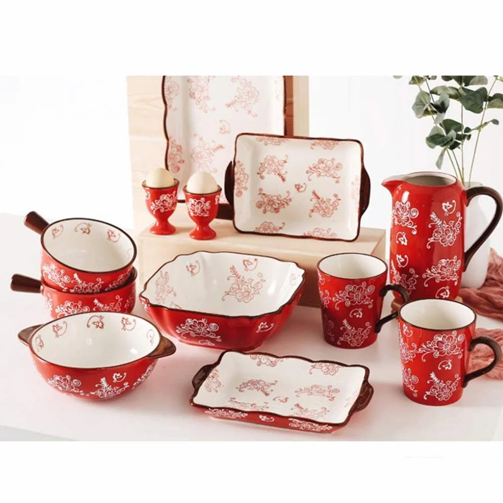 Zestaw obiadowy, 12 sztuk Ceramiczny zestaw obiadowy w kolorze podszkliwnym Zestaw porcelanowej zastawy stołowej Orientalne piękno Prezenty ślubne na parapetówkę