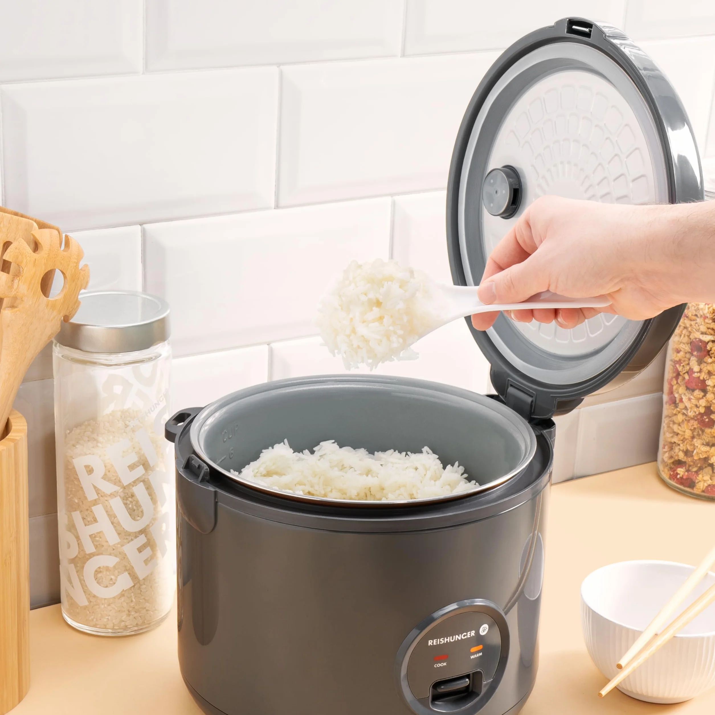 REISHUNGER Szybkowar do ryżu i parowar z powłoką ceramiczną – 1,2 l, kolor szary – dla 1-6 osób – szybkie przygotowanie bez przypalania – z funkcją utrzymania ciepła w zestawie wkładka do parowania