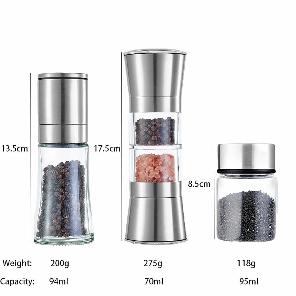 Młynków do Pieprzu Młynki do Pieprzu Szlifierki soli i pieprzu Refillable Zestaw 3, na sól morską, czarny pieprz peppercorn lub zestaw soli i pieprzu Młynek do Pieprzu