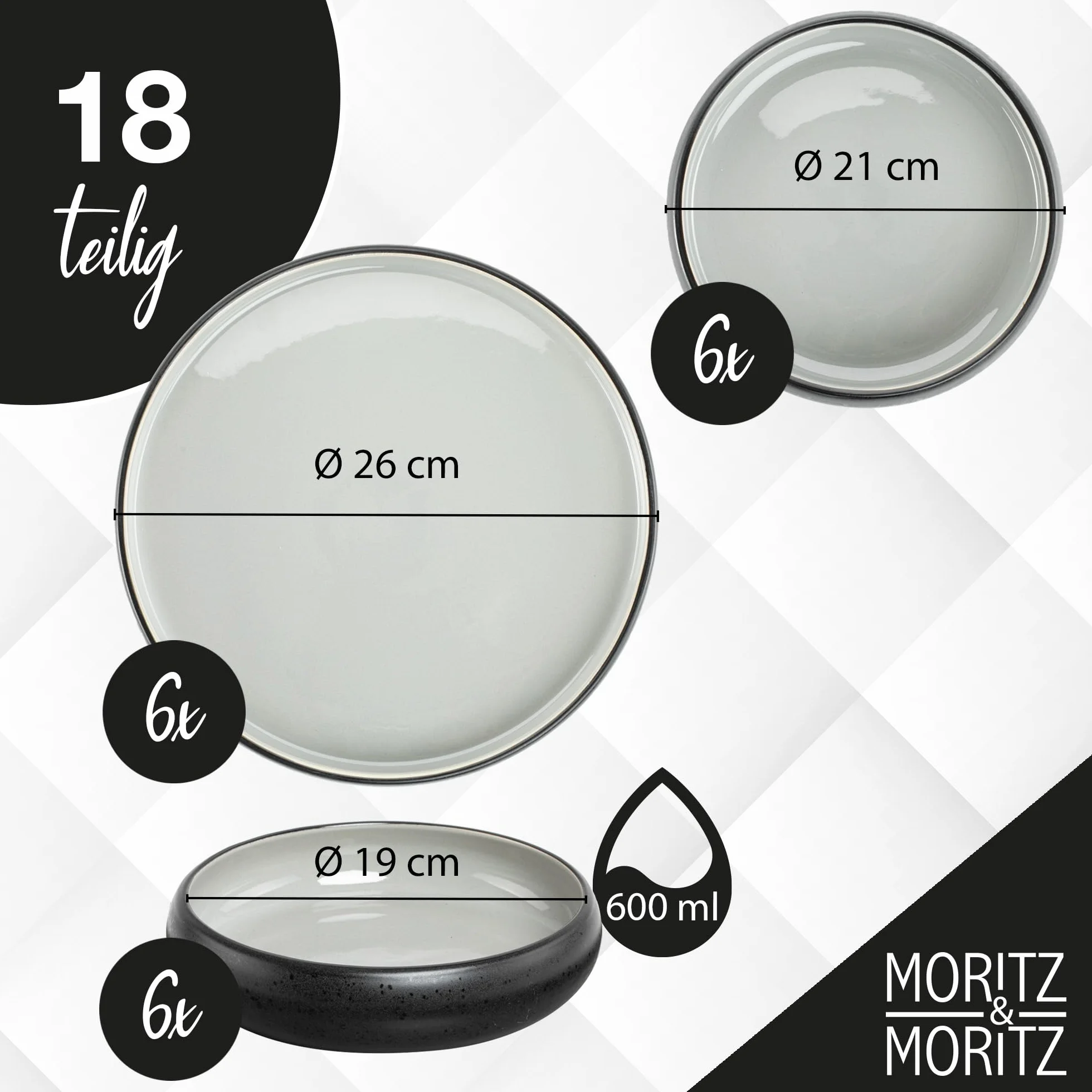 Moritz & Moritz Solid Uni 18-częściowy zestaw naczyń dla 6 osób, szary, nowoczesny, z kamionki, nadaje się do kuchenki mikrofalowej i mycia w zmywarce, zastawa stołowa, serwis obiadowy, dla 6 osób