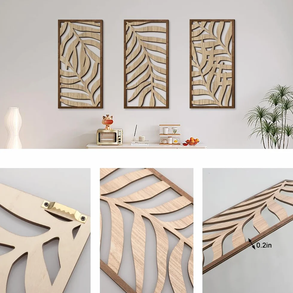 Rongxze Nordycki zestaw drewnianych ścian – 3 panele dekoracyjne ze wzorem liści (40 x 20 cm), dekoracja ścienna, obrazy ścienne, naturalny styl do salonu/sypialni