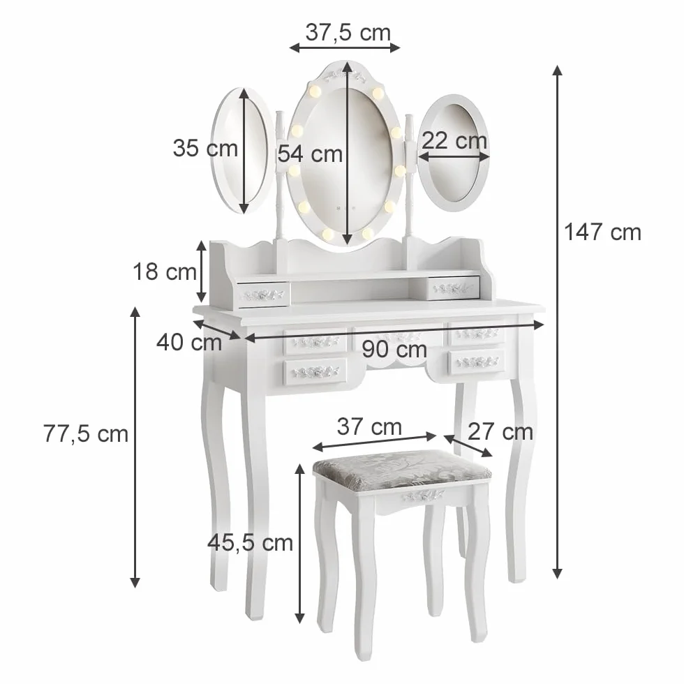 Vicco Stół do toalety "Diana", Biały, 90 cm | z oświetleniem i stołkiem, avec éclairage LED et tabouret, miroir réglable en hauteur