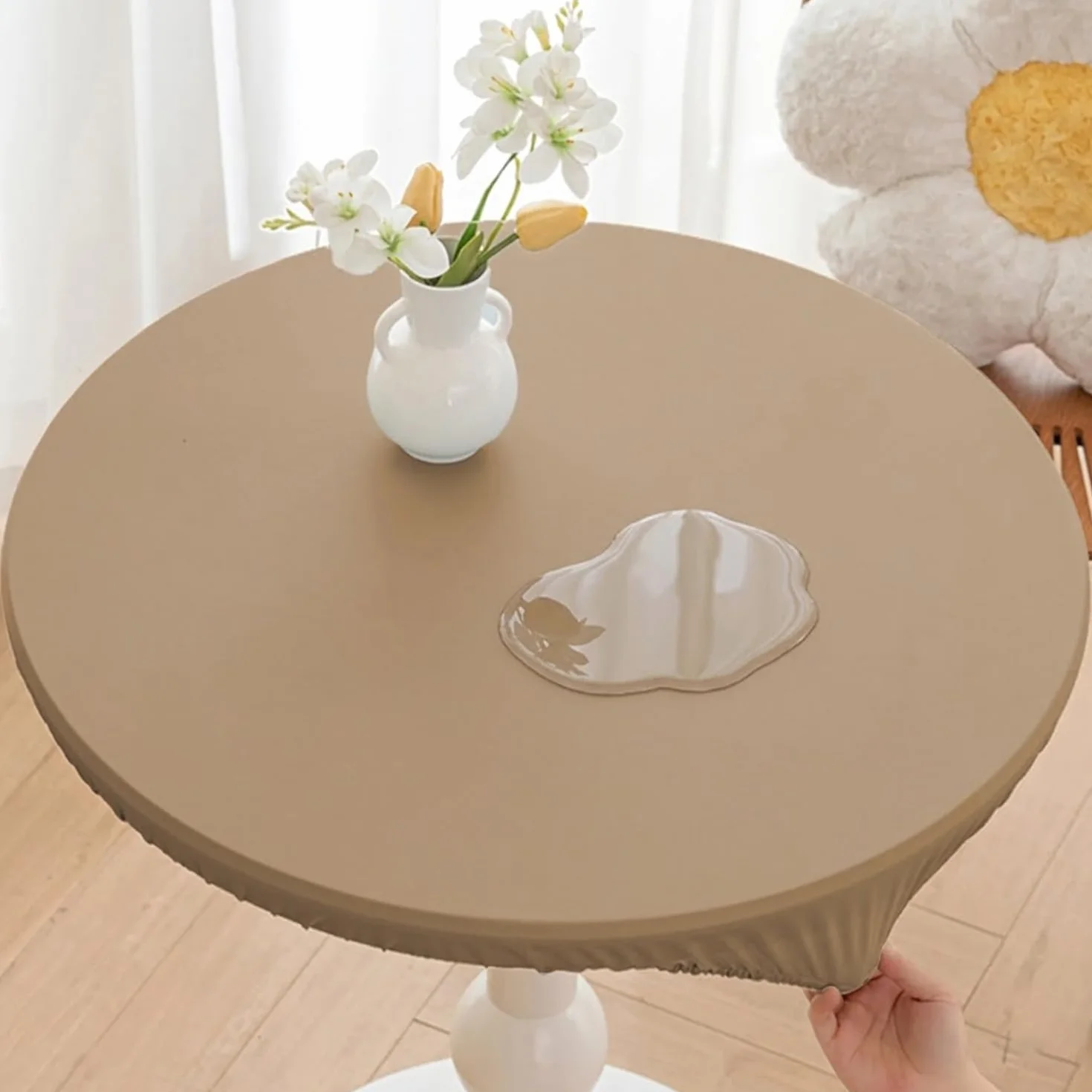 Okrągły Obrus z Gumką Ekoskóra PU Wodoodporny Plamoodporny Pokrowiec na Stół Zmywalny Ochraniacz Blatu do Kuchni Ogrodu na Taras 60cm do 160cm(Brązowy,90cm)