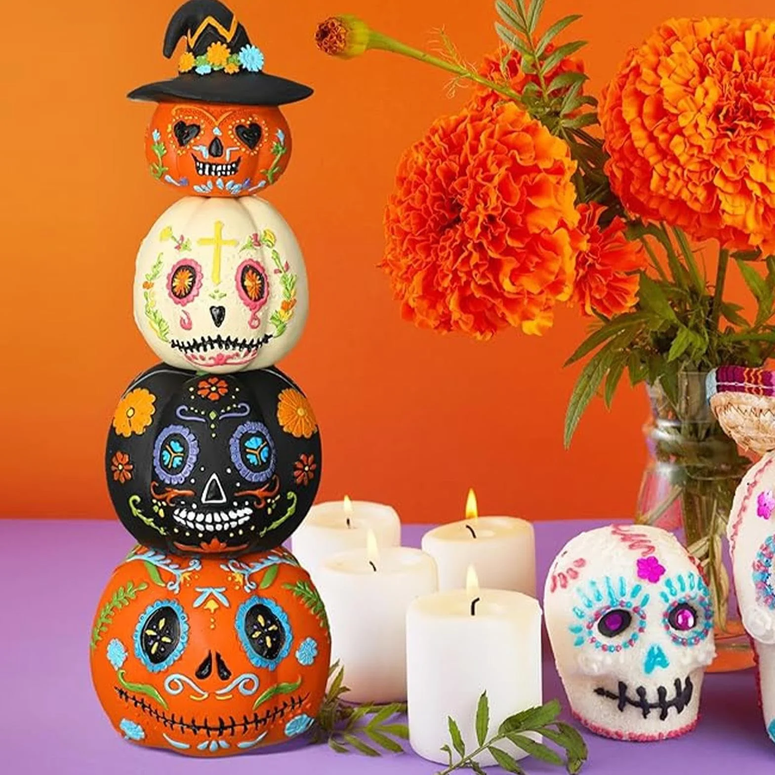 Zestaw dekoracji dyni, ozdoba z żywicy na Halloween, czteroczęściowa statuetka magnetyczna, świąteczna figurka do układania w stos, uroczy akcent świąteczny, dom korytarz biurko impreza sypialnia