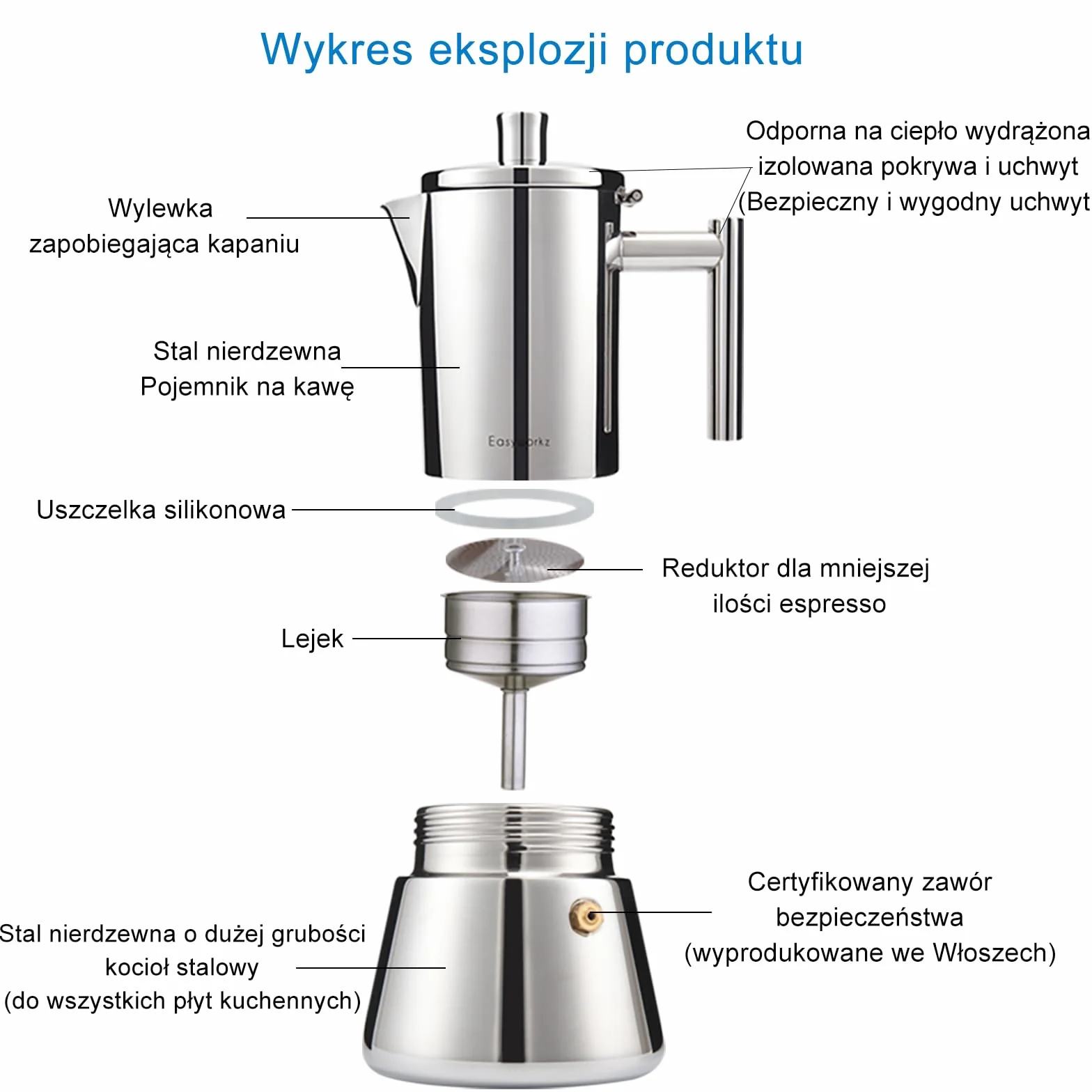 Easyworkz Diego Ekspres do kawy z płytą kuchenną Espresso Moka Pot 300 ml (6 filiżanek), srebrny