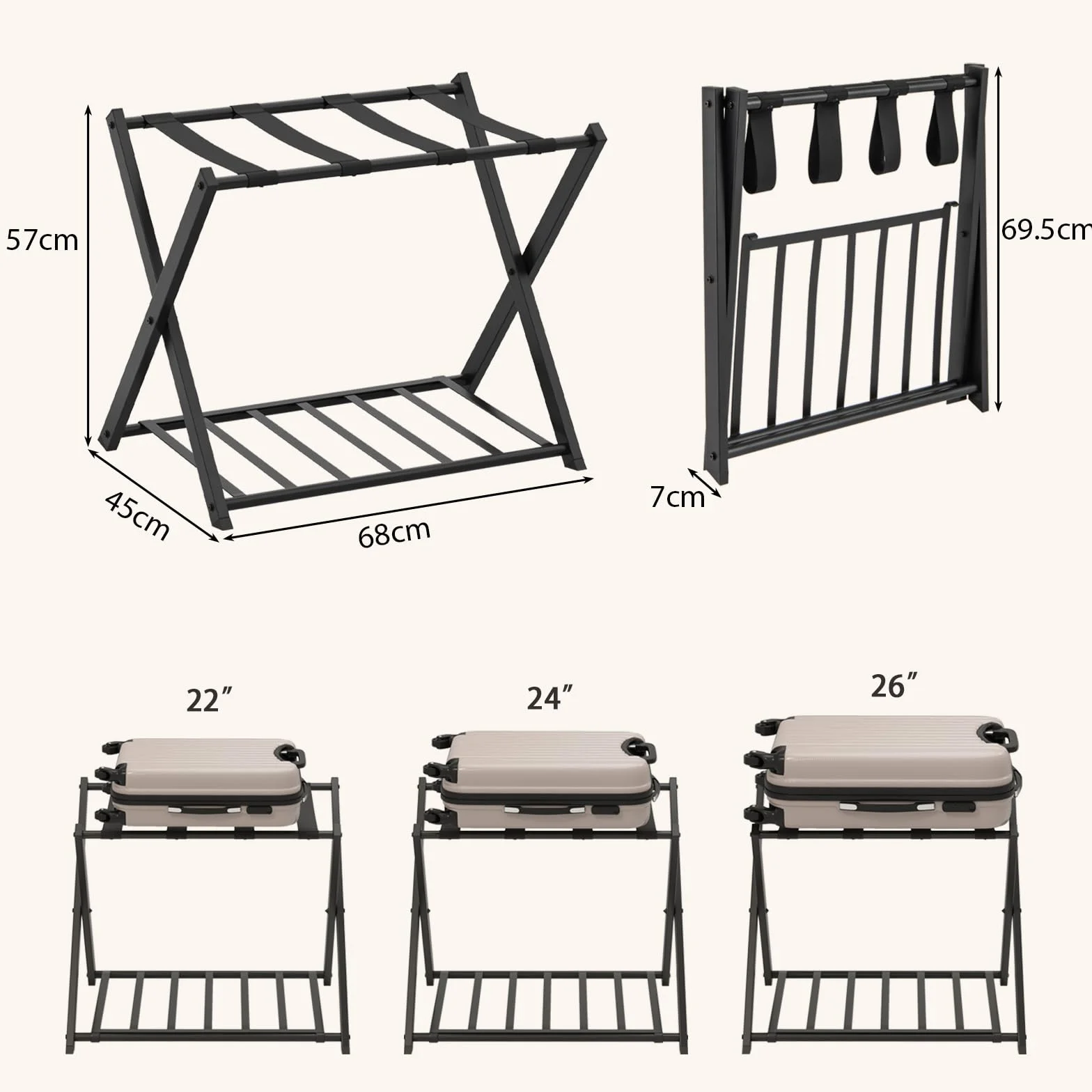GIANTEX Składana walizka na bagaż, metalowy bagażnik na walizkę/bagaż z 2 poziomami i 4 paskami, do sypialni, hotelu, 68 x 43 x 58 cm, czarny (2 szt.)
