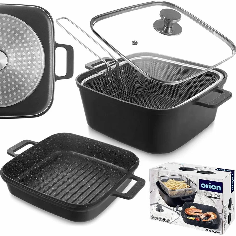 Orion Grande 4-częściowy zestaw garnków granitowych ze szklaną pokrywką, patelnią do grillowania i koszem do smażenia, garnek do gotowania 4,5 l i patelnia 2 l, indukcja i piekarnik, powłoka