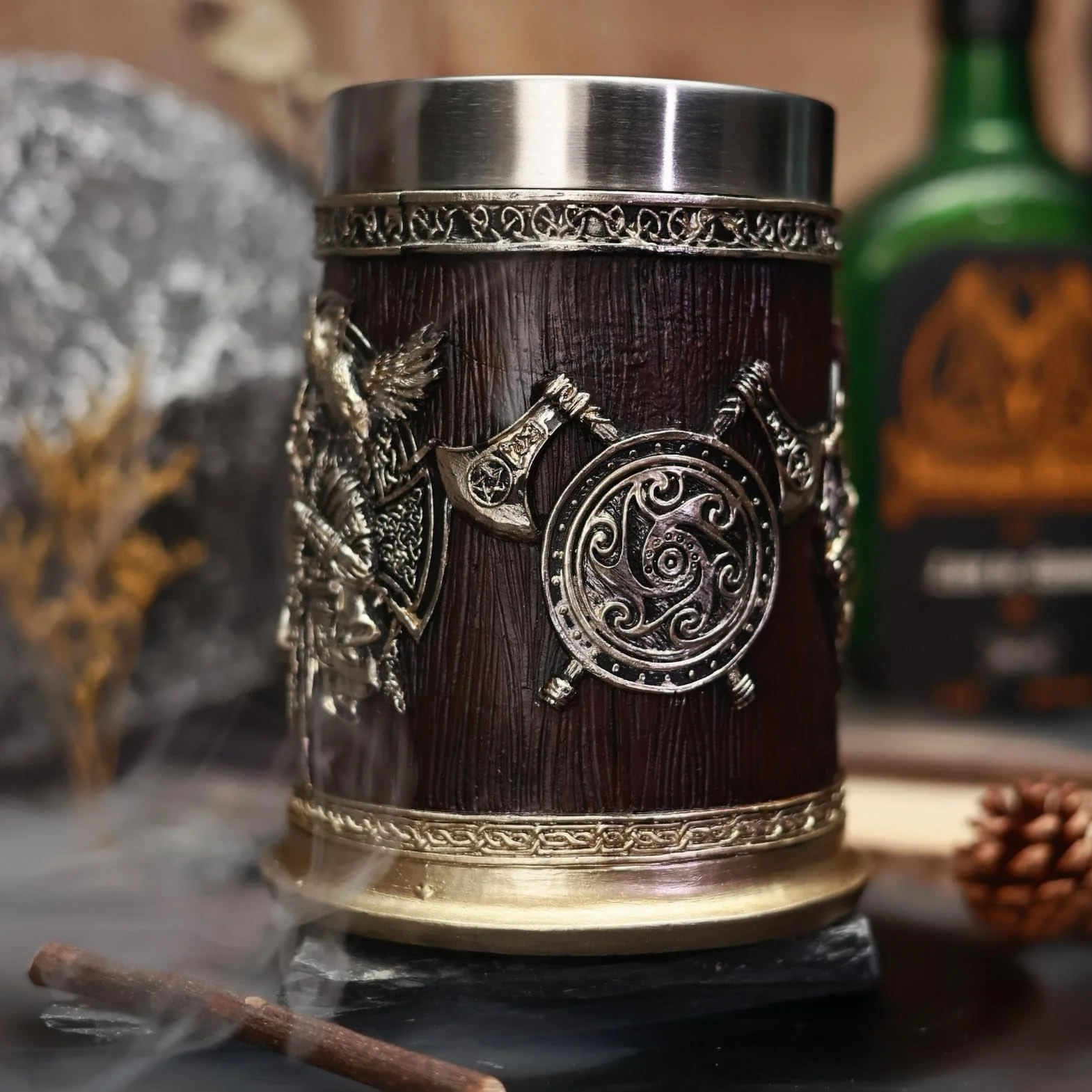 ?redniowieczny kubek, ?ywiczny kufel na piwo do whisky, 600 ml, kubek do kawy wikingów, beczka do whisky, antyczna m?ska beczka do dekoracji imprezowej, nordycki wystrój