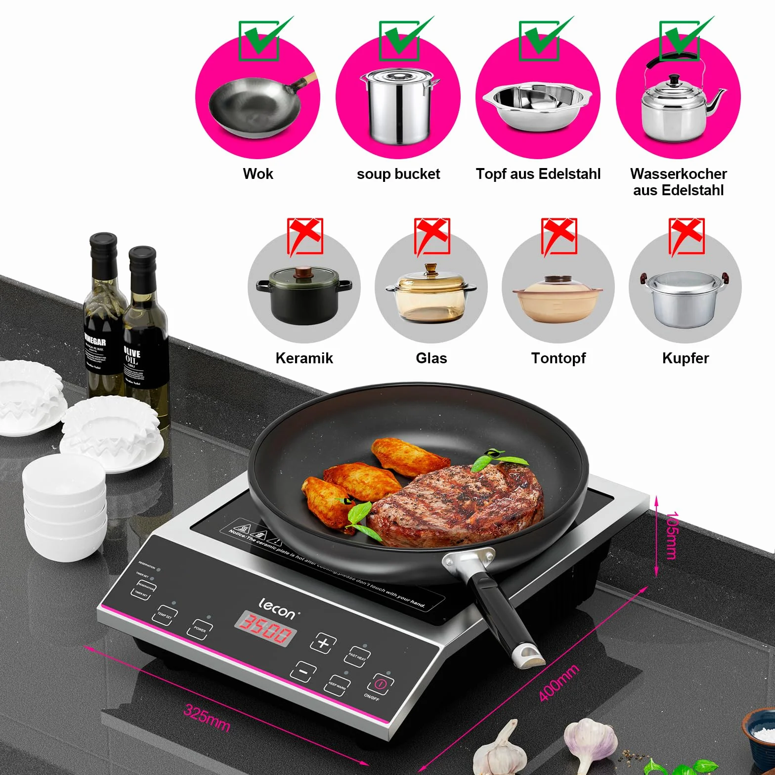 Lecon płyta indukcyjna, 3500 W, z timerem włączania/wyłączania i funkcją izolacji, duża nośność 50 kg, obudowa ze stali nierdzewnej, regulacja temperatury, płyta grzewcza
