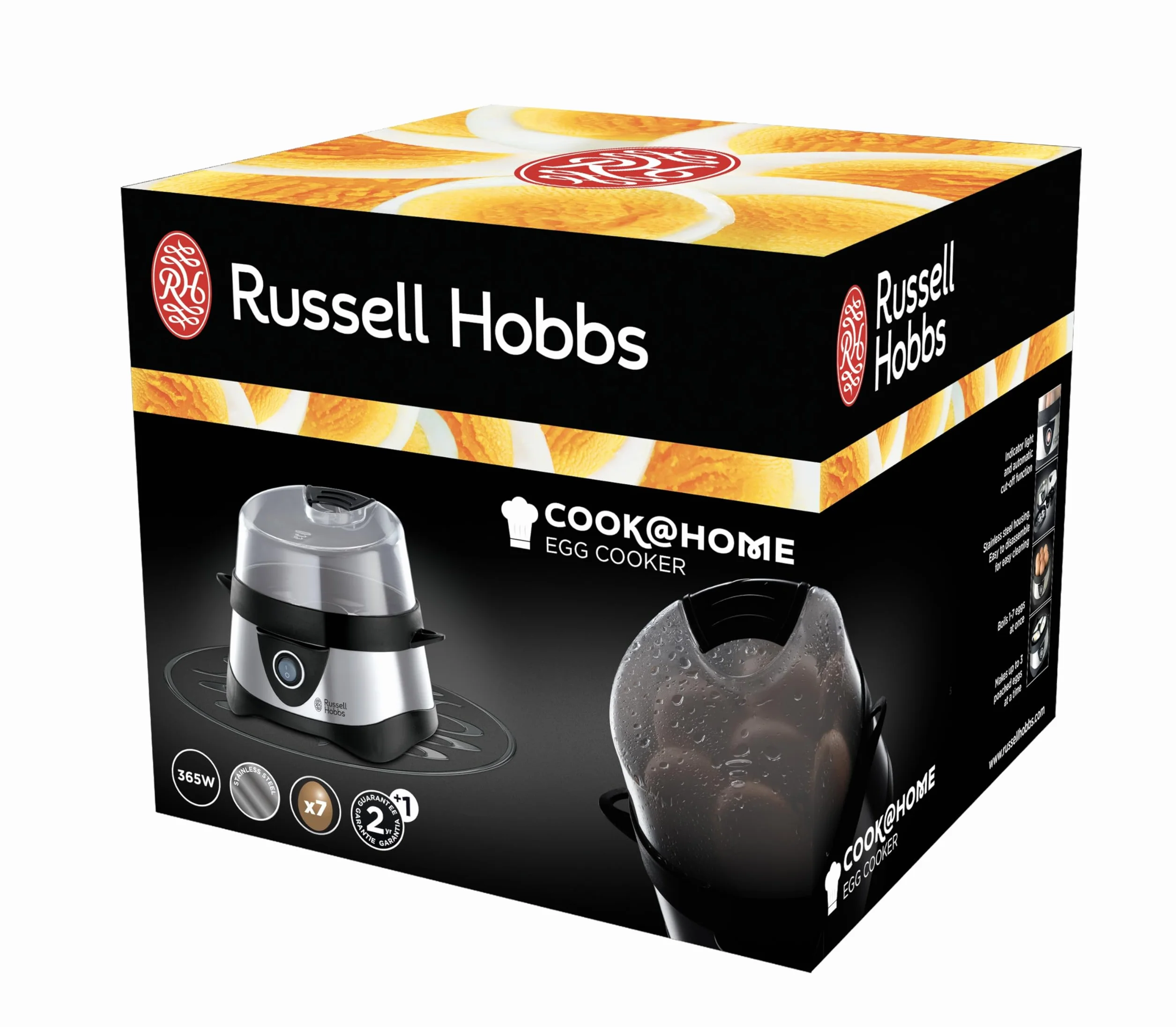 Russell Hobbs jajowar, regulacja twardości jaj, wutomatyczne wyłączenie, wyjmowane elementy, do 7 jaj gotowanych, do 3 jaj sadzonych, stal nierdzewna, plastikowa pokrywka, moc 365W, jajowar 14048-56
