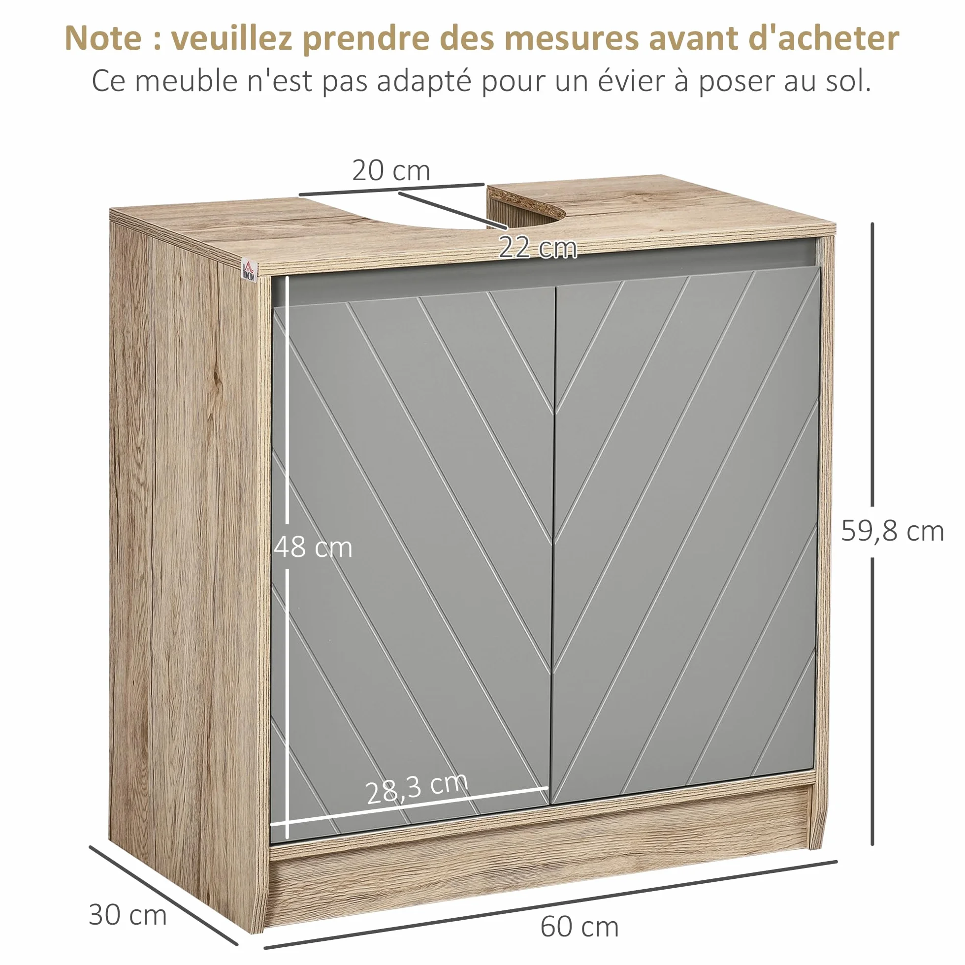 HOMCOM Szafka łazienkowa pod umywalką - Szafka pod umywalkę - 2-drzwiowa szafka z półką - N. 60L x 30 l x 59,8H cm - Płyta wiórowa jasny dąb szary