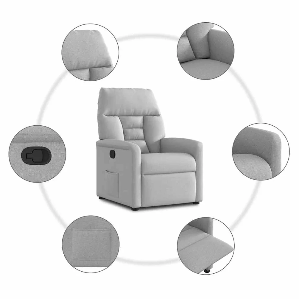 Fotel relaksacyjny w kolorze szarego materiału z ręczną funkcją leżenia, ergonomiczny, wygodny, z drewnianą ramą metalową, do salonu, biura, do czytania i wypoczynku