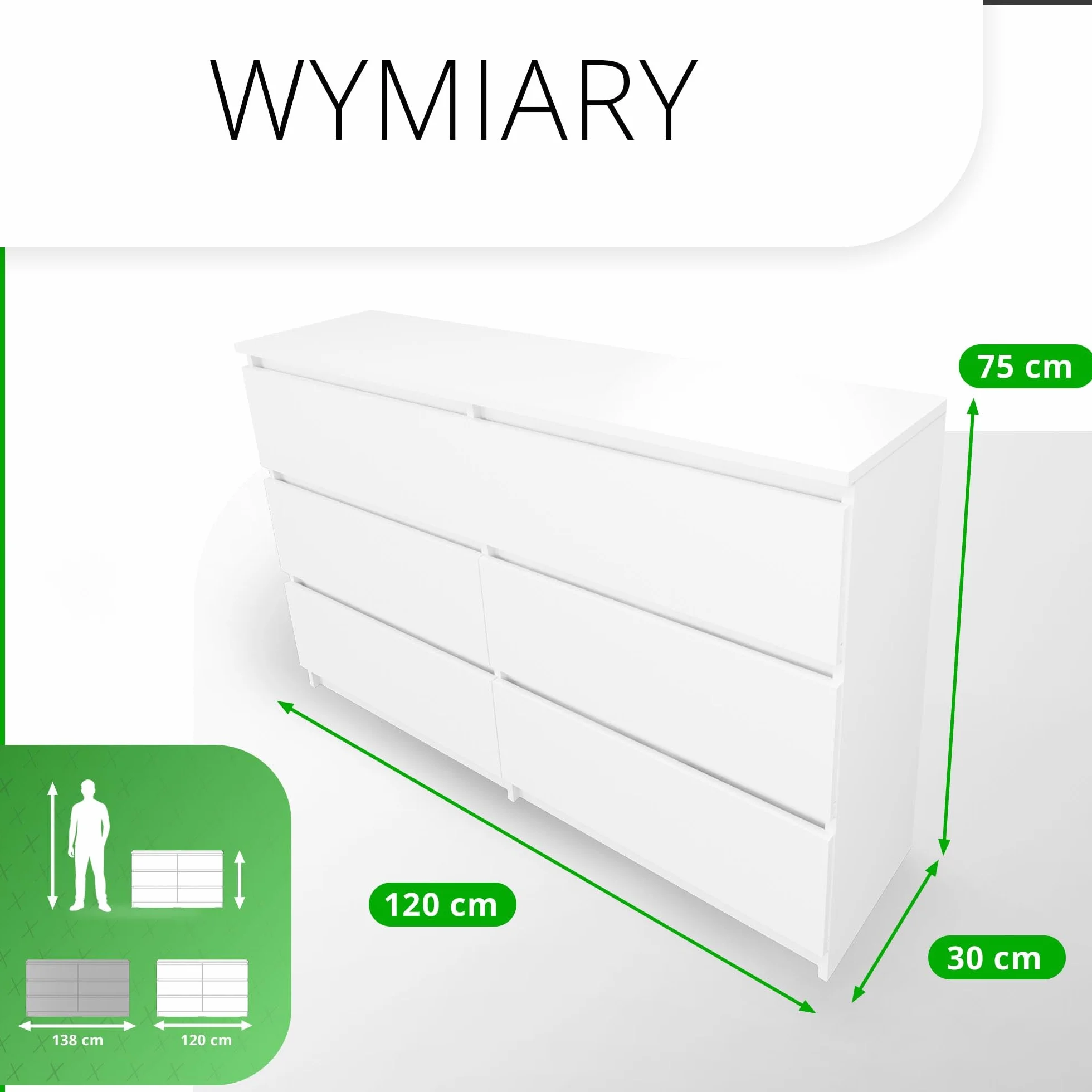 CDF Komoda biała z 6 szufladami, głębokość 30 cm, komoda, do salonu, sypialni, szafka z szufladami, dużo miejsca do przechowywania, odpowiedni organizer na ubrania, szerokość 120 cm, nowoczesny wygląd