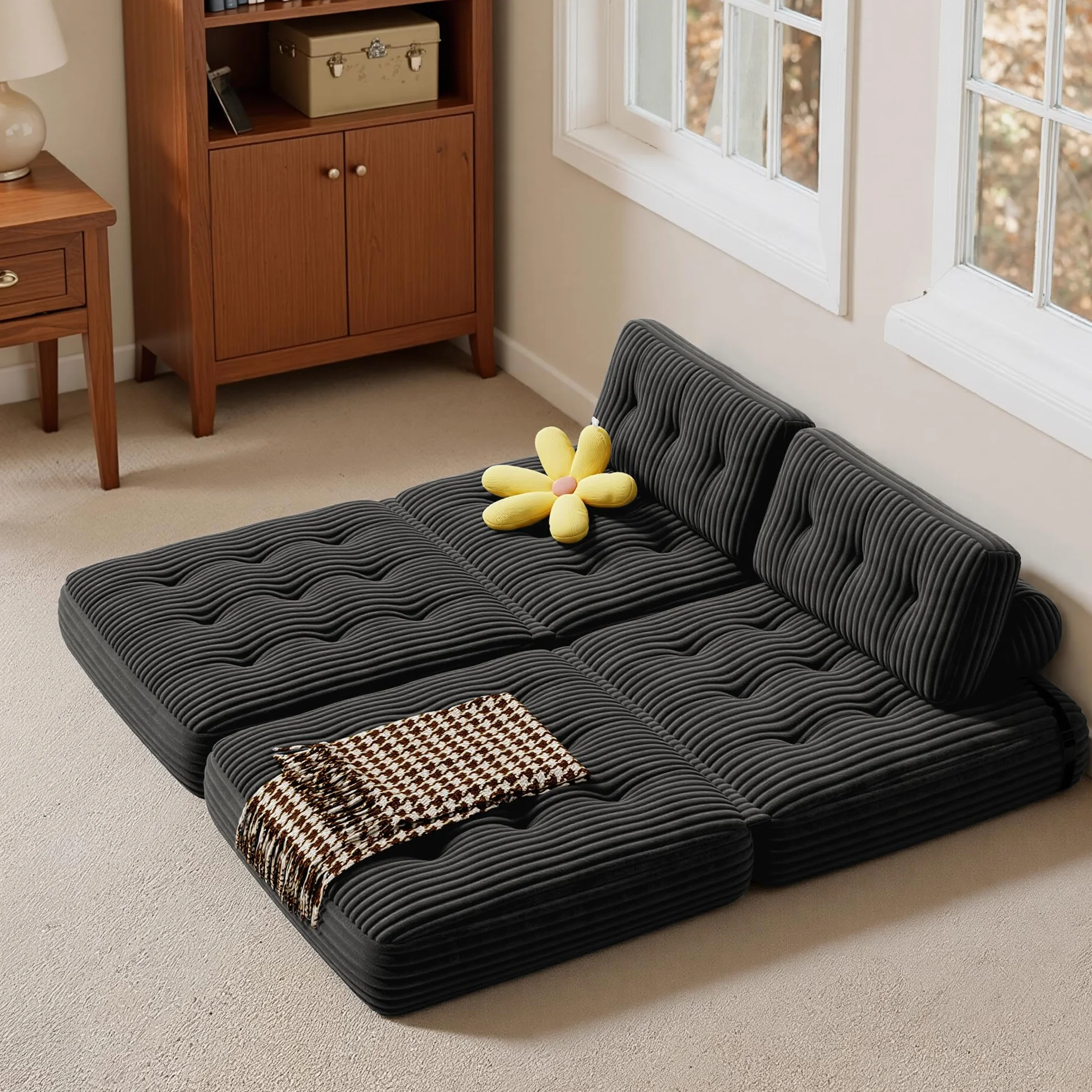 Xbro Składana sofa rozkładana z oparciem, przenośny fotel rozkładany w łóżku 2 w 1 do małych przestrzeni, sztruksowa tkanina z wypełnieniem piankowym, 190 x 85 cm rozłożony (czarny)
