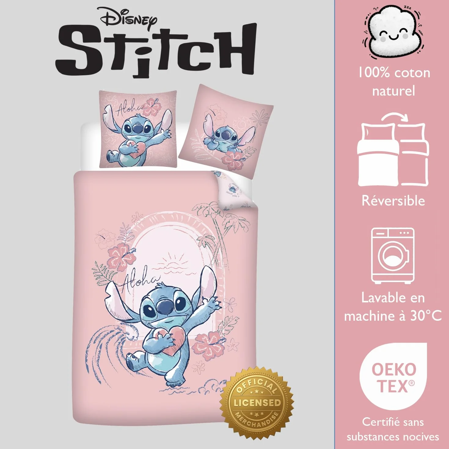 Disney Stitch różowy komplet pościeli, 100% bawełna, poszwa na kołdrę 140 x 200 cm i poszewka na poduszkę 65 x 65 cm